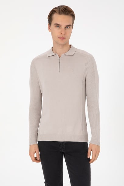 Erkek Slim Fit Yarım Fermuarlı Polo Yaka Taş Kazak