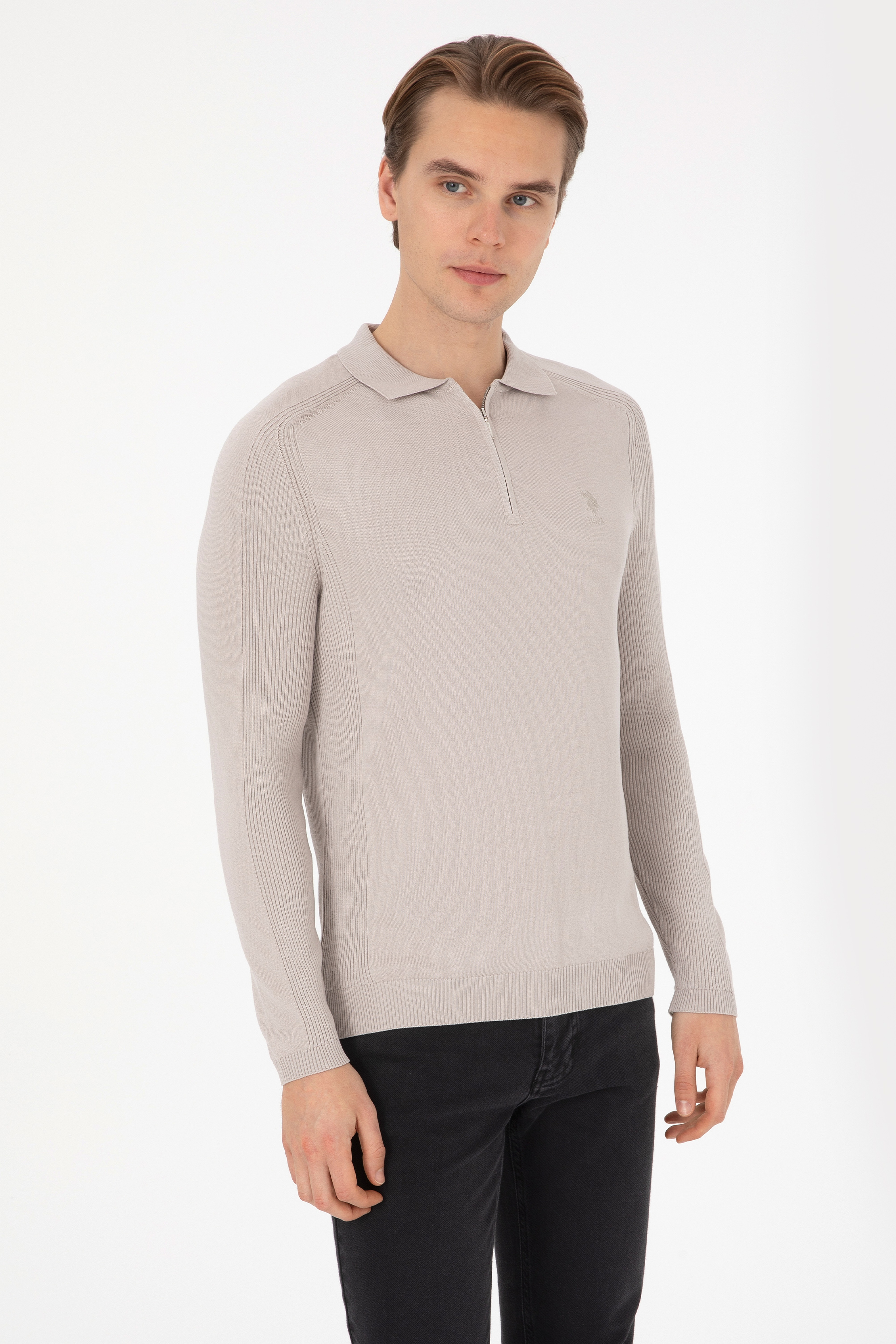 Erkek Slim Fit Yarım Fermuarlı Polo Yaka Taş Kazak - Image 3