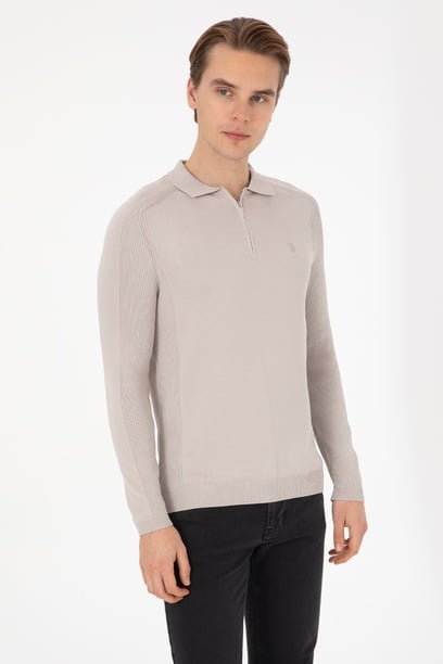Erkek Slim Fit Yarım Fermuarlı Polo Yaka Taş Kazak