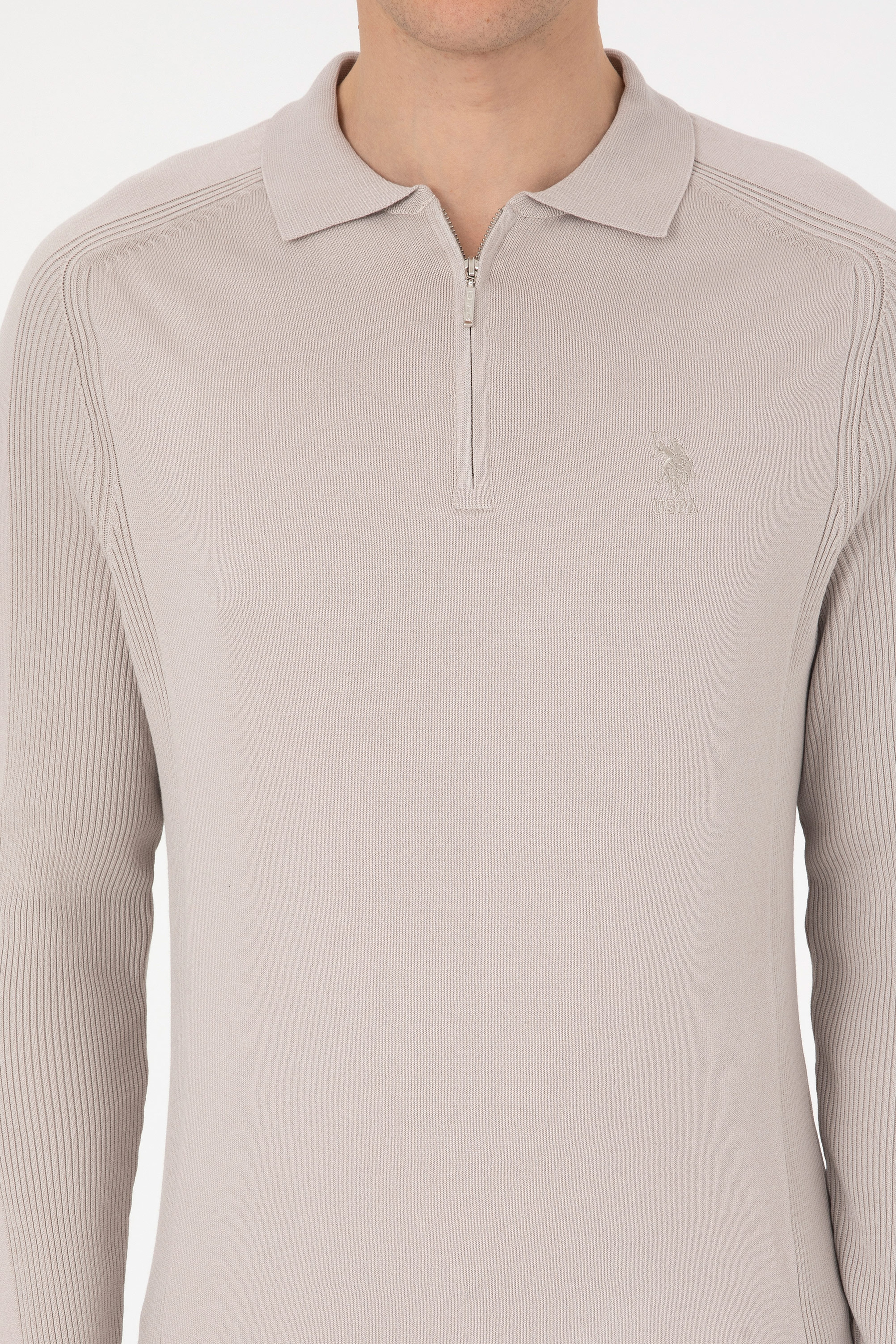 Erkek Slim Fit Yarım Fermuarlı Polo Yaka Taş Kazak - Image 6