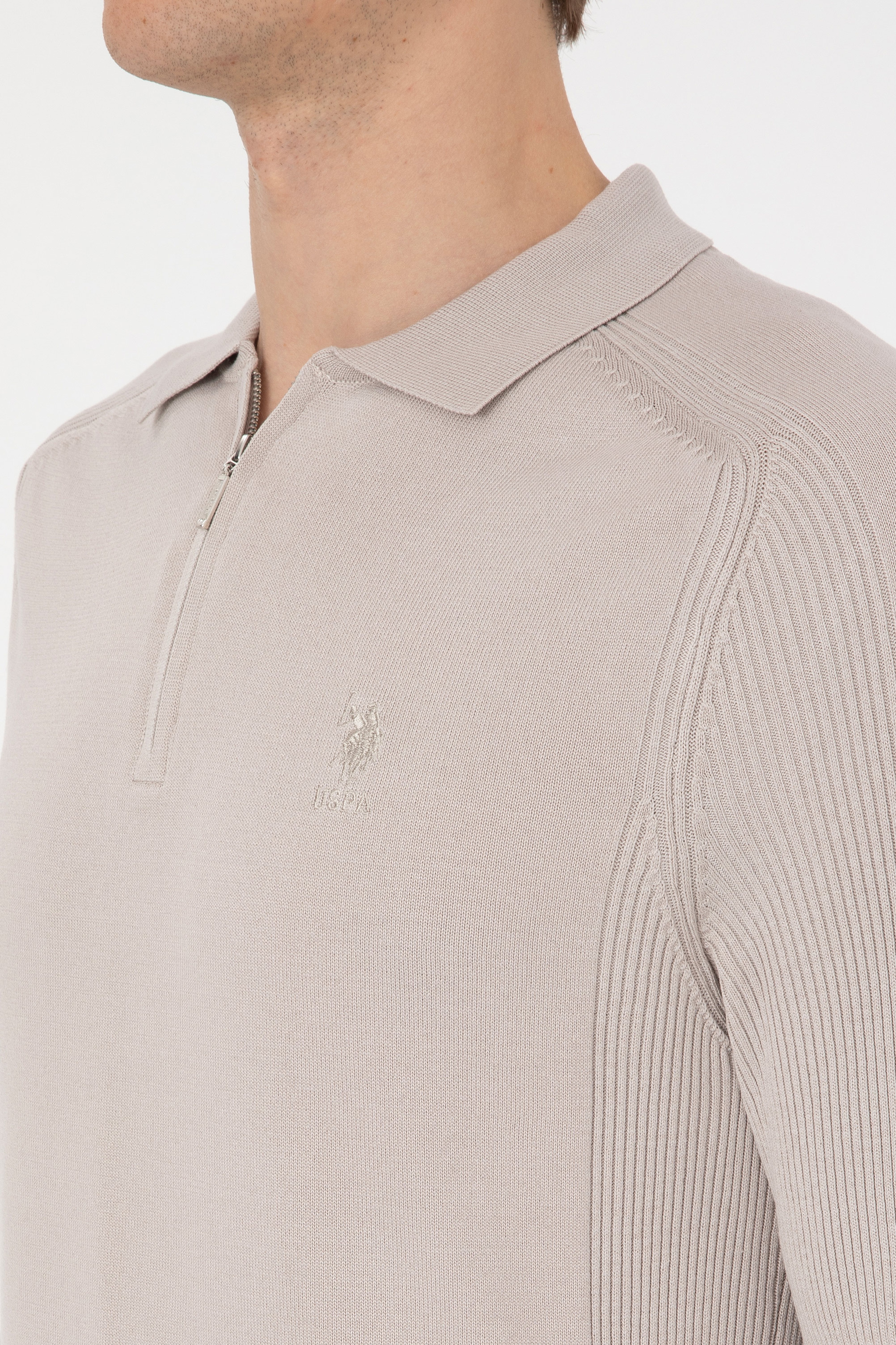 Erkek Slim Fit Yarım Fermuarlı Polo Yaka Taş Kazak