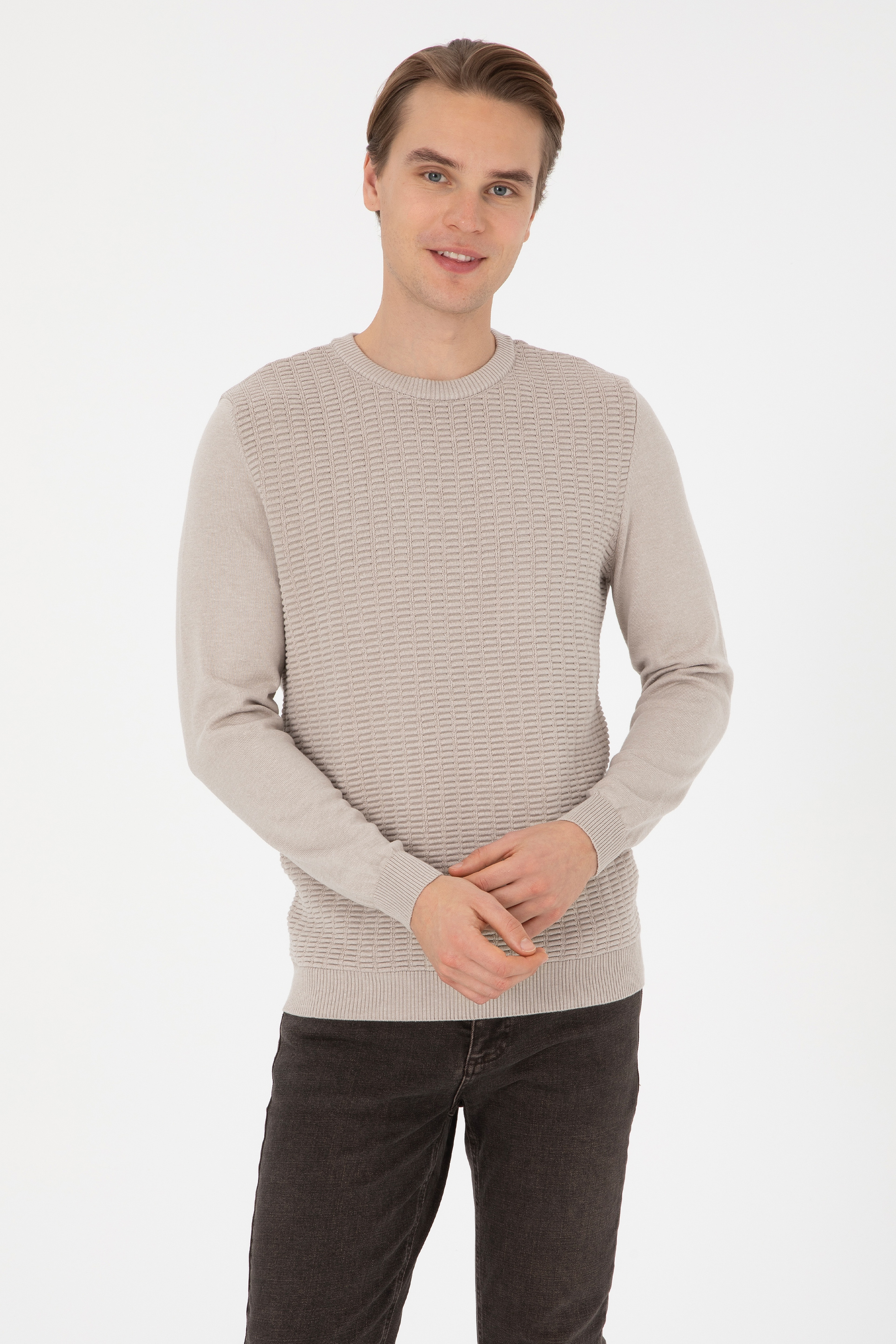 Erkek Regular Fit Bisiklet Yaka Taş Kazak - Image 1