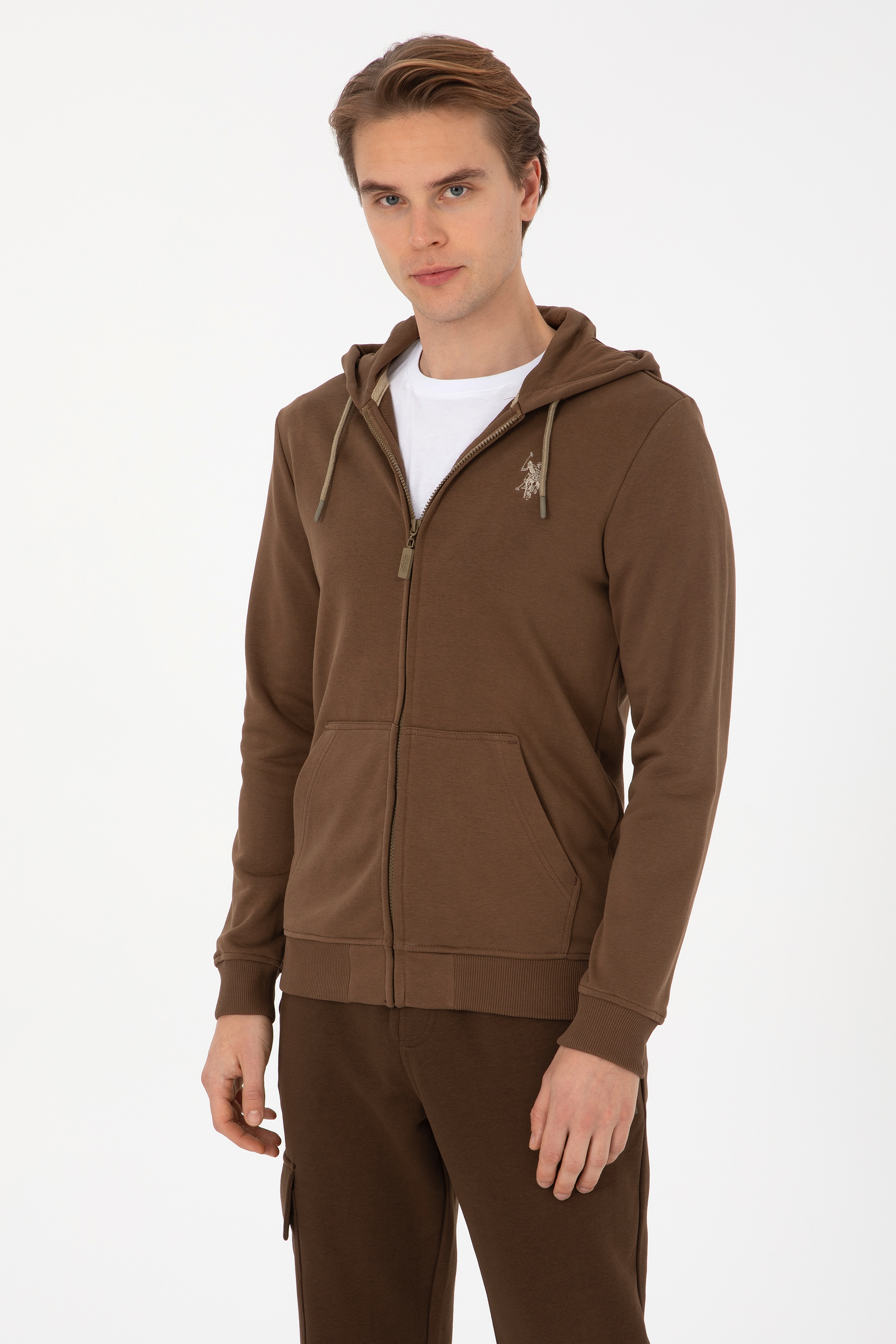 Erkek Regular Fit Fermuarlı Kapüşonlu Haki Örme Hırka - Image 3