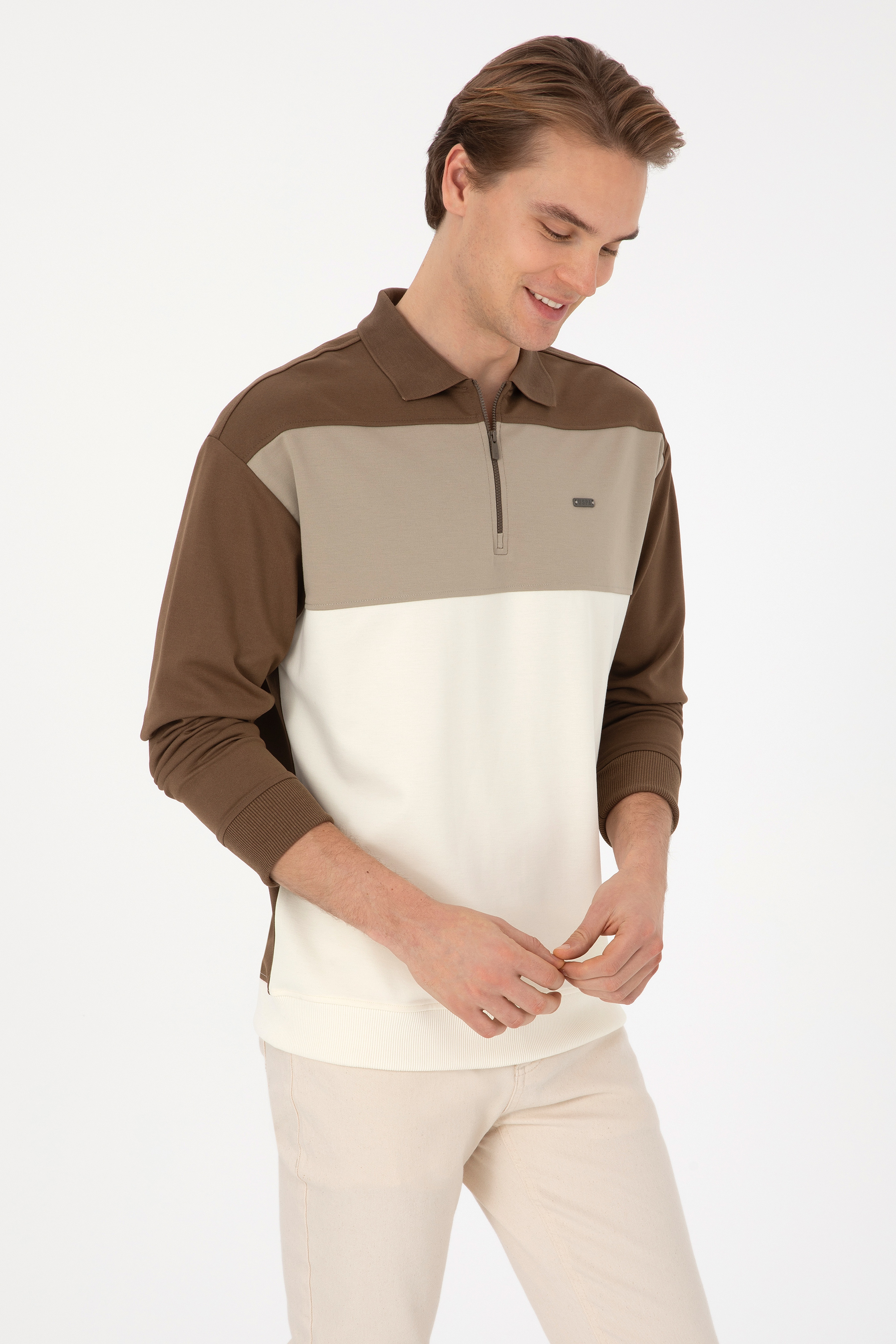 Erkek Comfort Fit Yarım Fermuarlı Haki Sweatshirt - Image 3