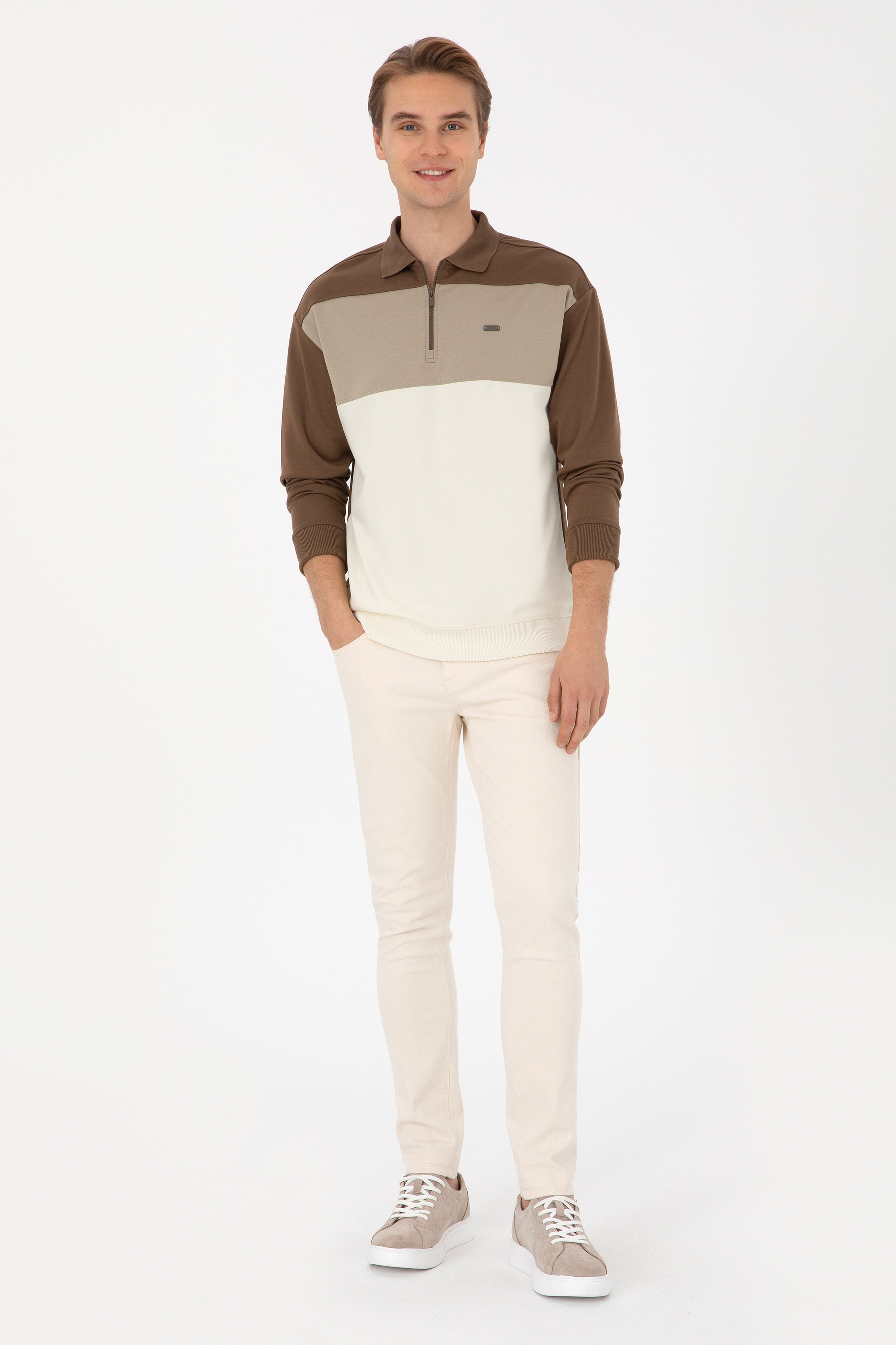 Erkek Comfort Fit Yarım Fermuarlı Haki Sweatshirt - Image 4