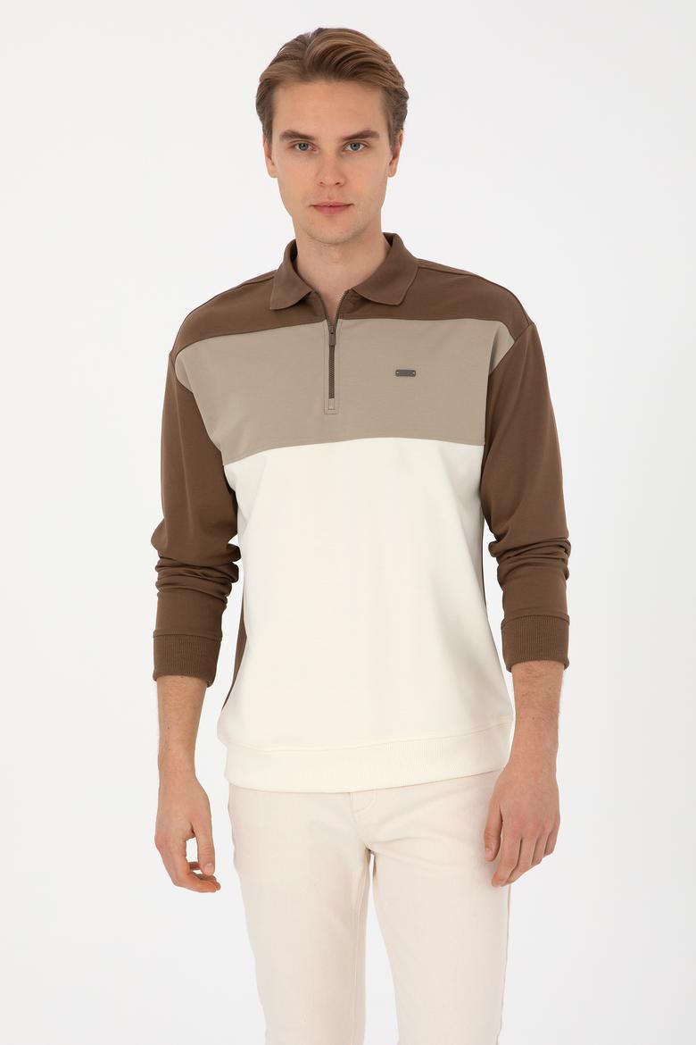 Erkek Comfort Fit Yarım Fermuarlı Haki Sweatshirt