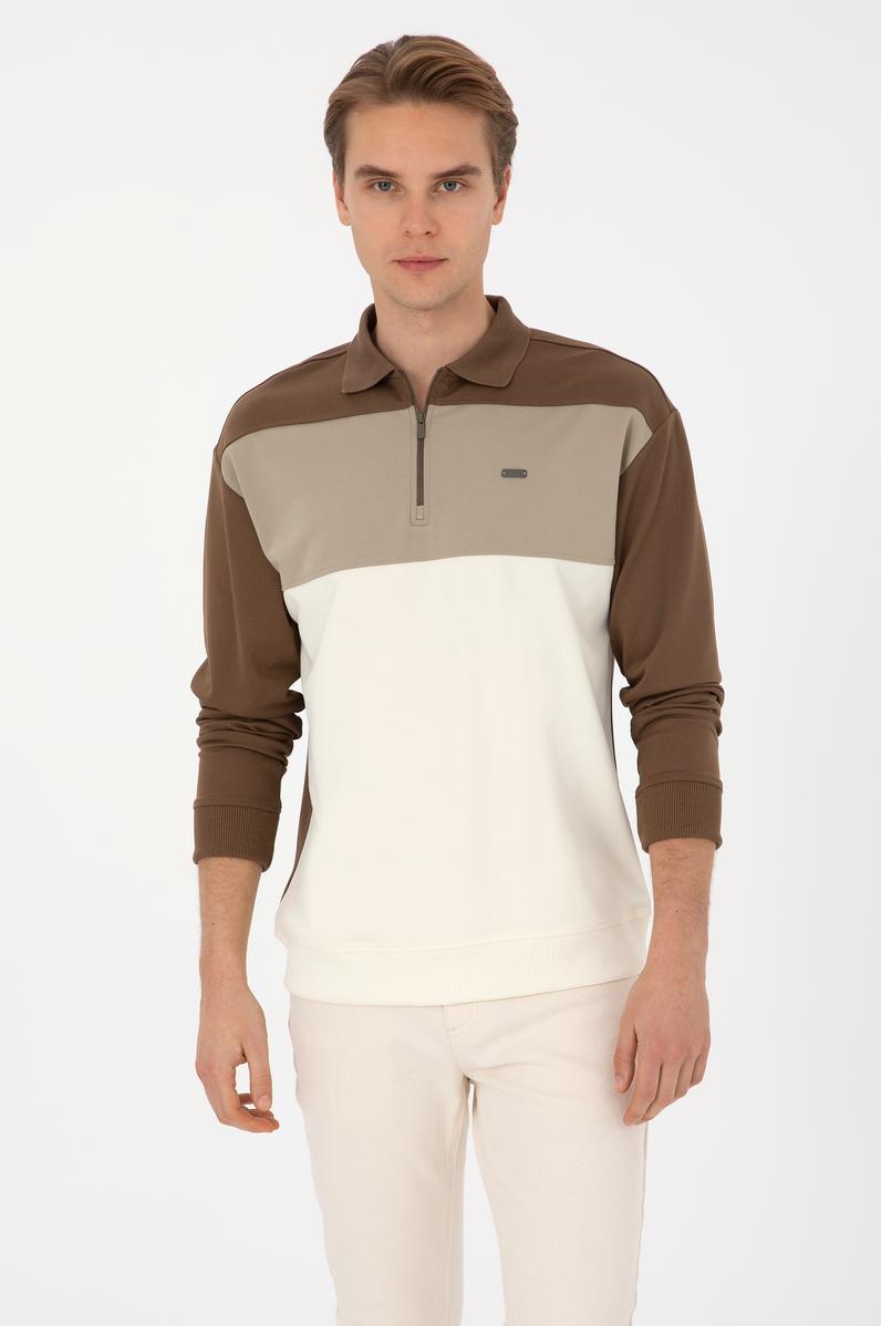 Erkek Comfort Fit Yarım Fermuarlı Haki Sweatshirt