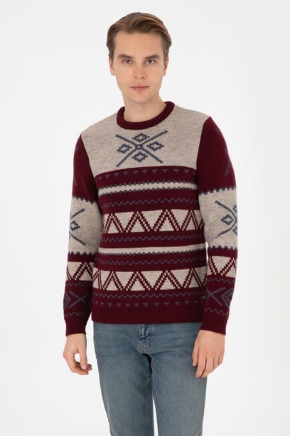 Erkek Comfort Fit Bisiklet Yaka Bordo Kazak