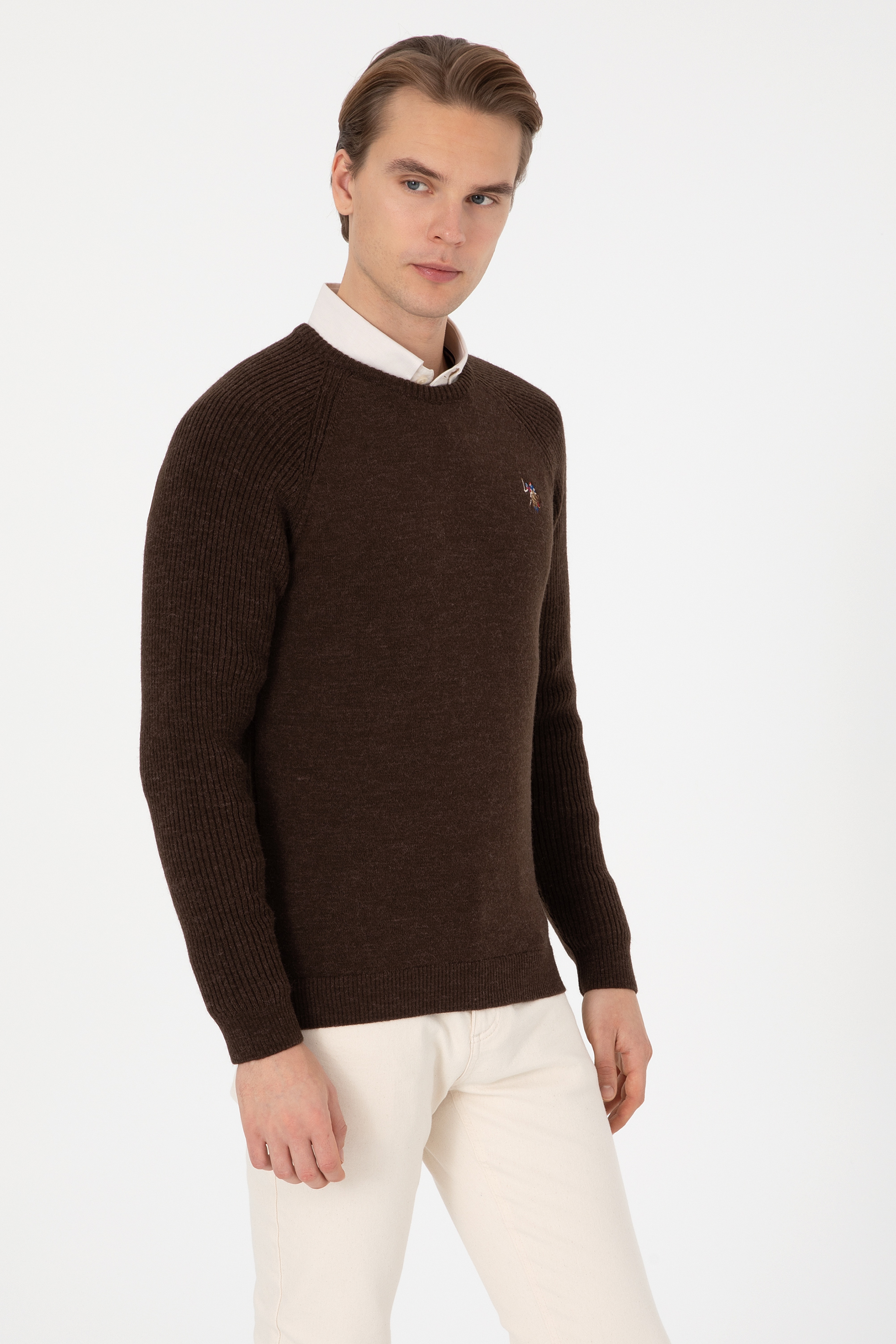 Erkek Regular Fit Bisiklet Yaka Kahverengi Kazak - Image 3
