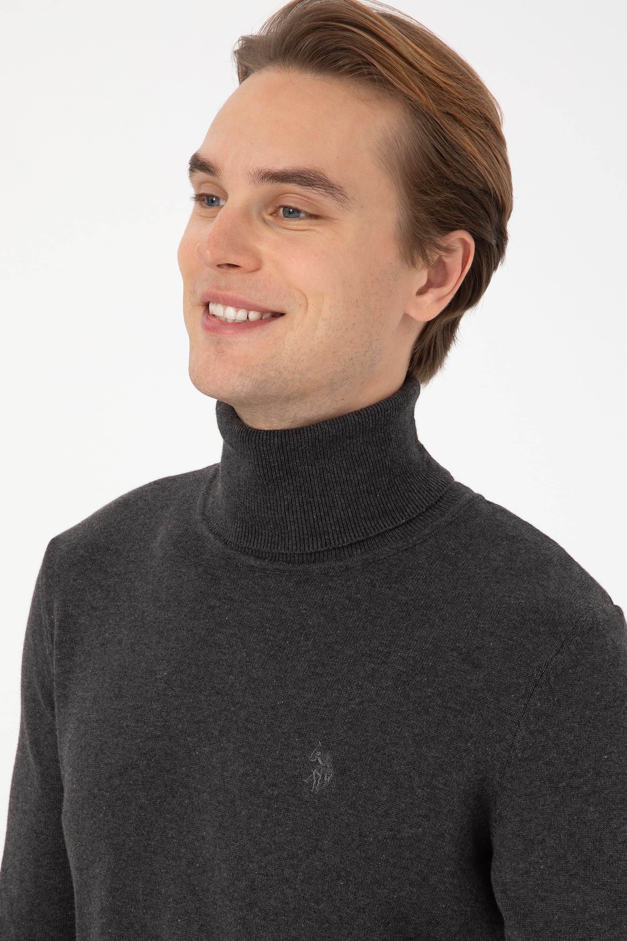 Erkek Slim Fit Boğazlı Antrasit Melanj Basic Kazak - Image 2