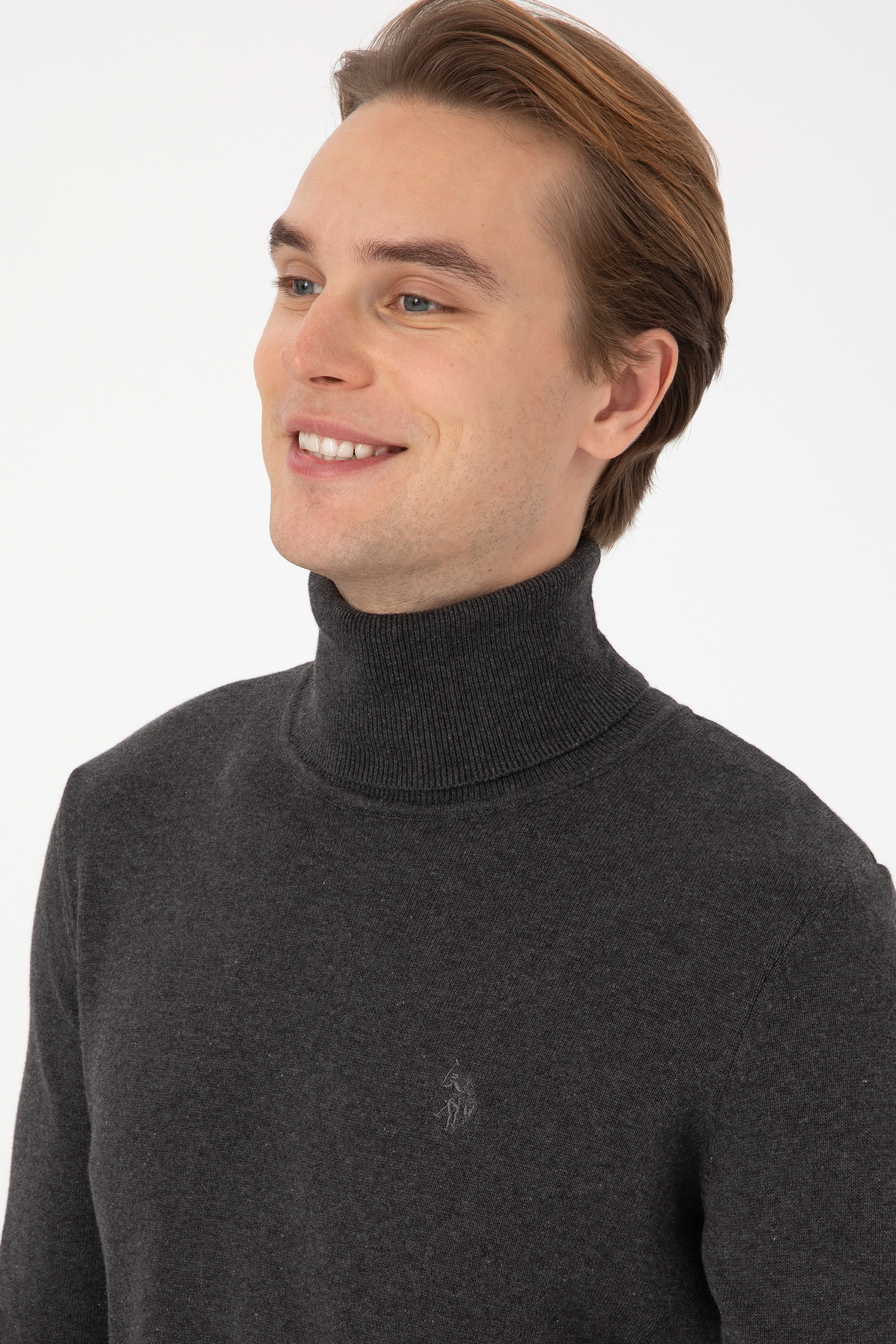 Erkek Slim Fit Boğazlı Antrasit Melanj Basic Kazak
