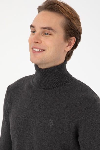 Erkek Slim Fit Boğazlı Antrasit Melanj Basic Kazak