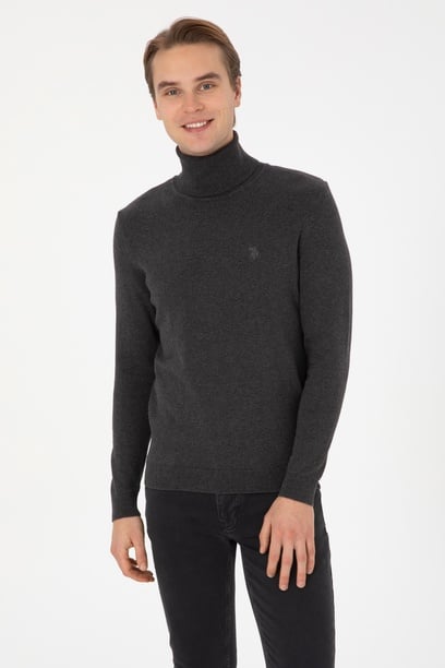 Erkek Slim Fit Boğazlı Antrasit Melanj Basic Kazak