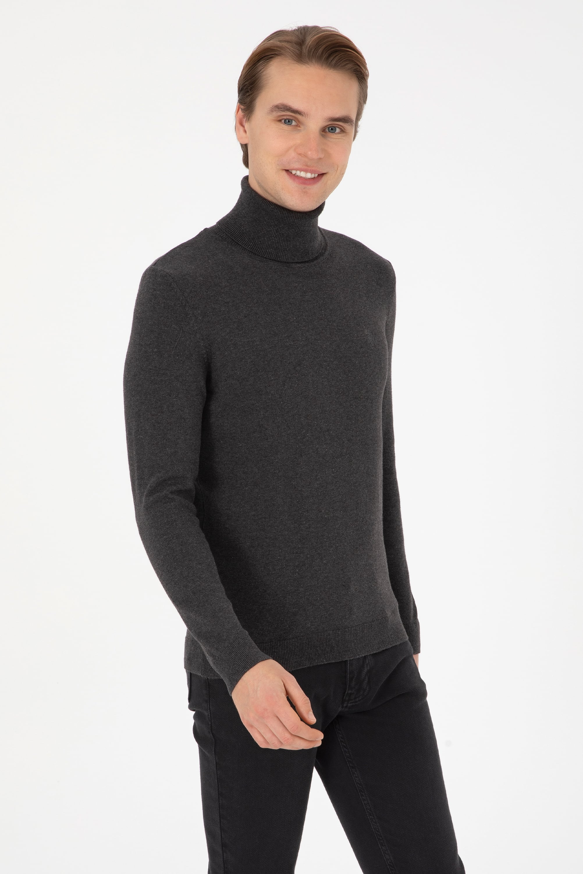 Erkek Slim Fit Boğazlı Antrasit Melanj Basic Kazak