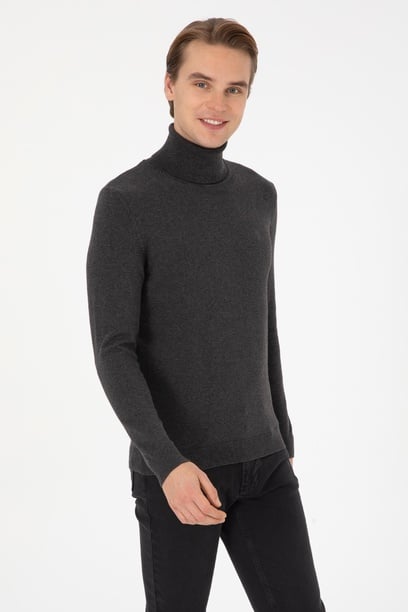 Erkek Slim Fit Boğazlı Antrasit Melanj Basic Kazak