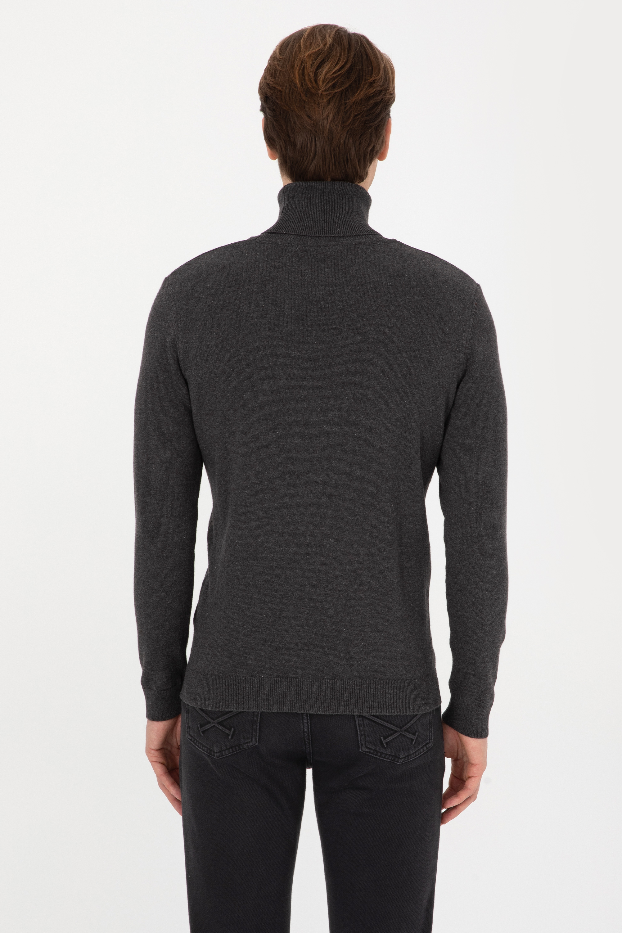 Erkek Slim Fit Boğazlı Antrasit Melanj Basic Kazak - Image 5