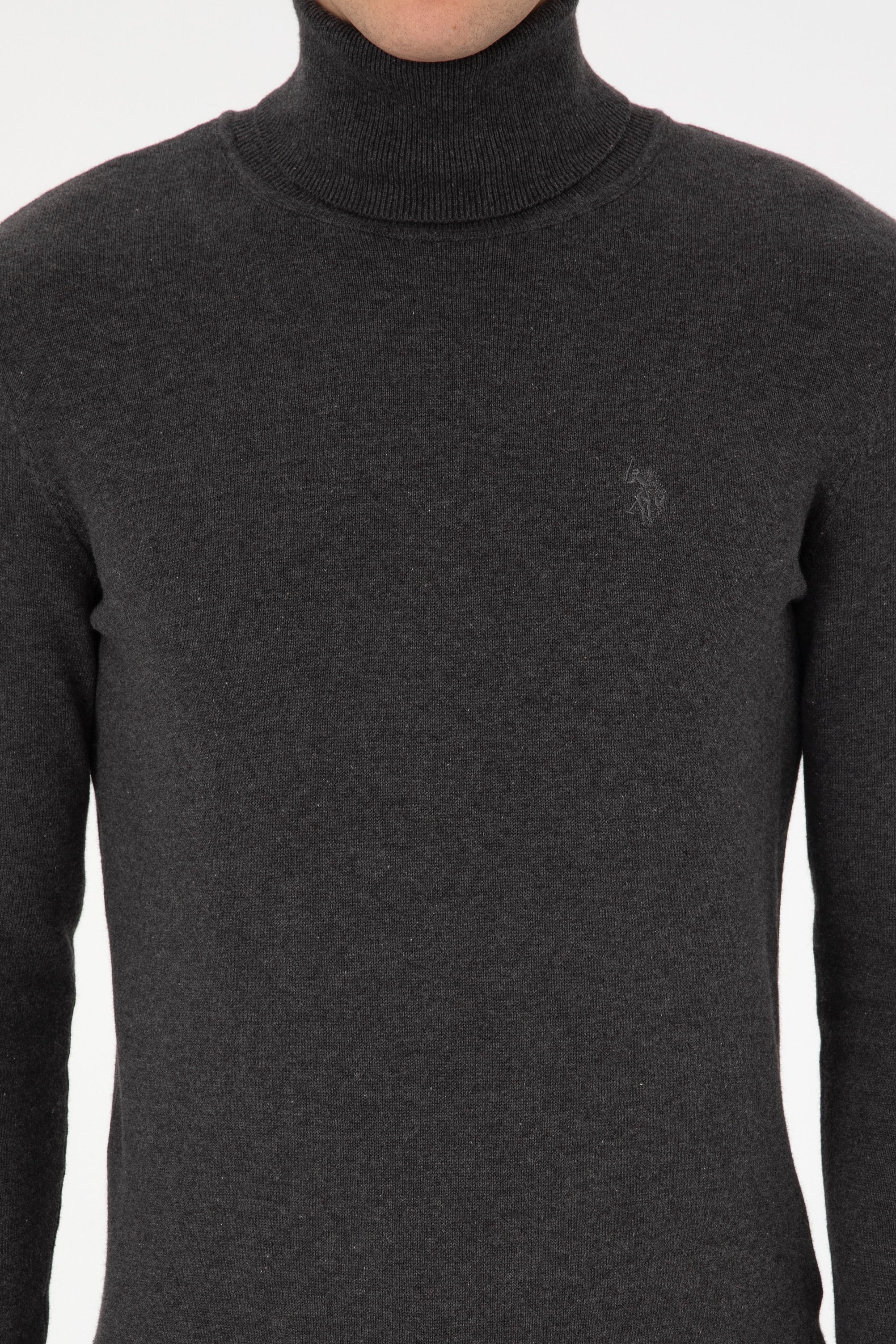 Erkek Slim Fit Boğazlı Antrasit Melanj Basic Kazak - Image 6