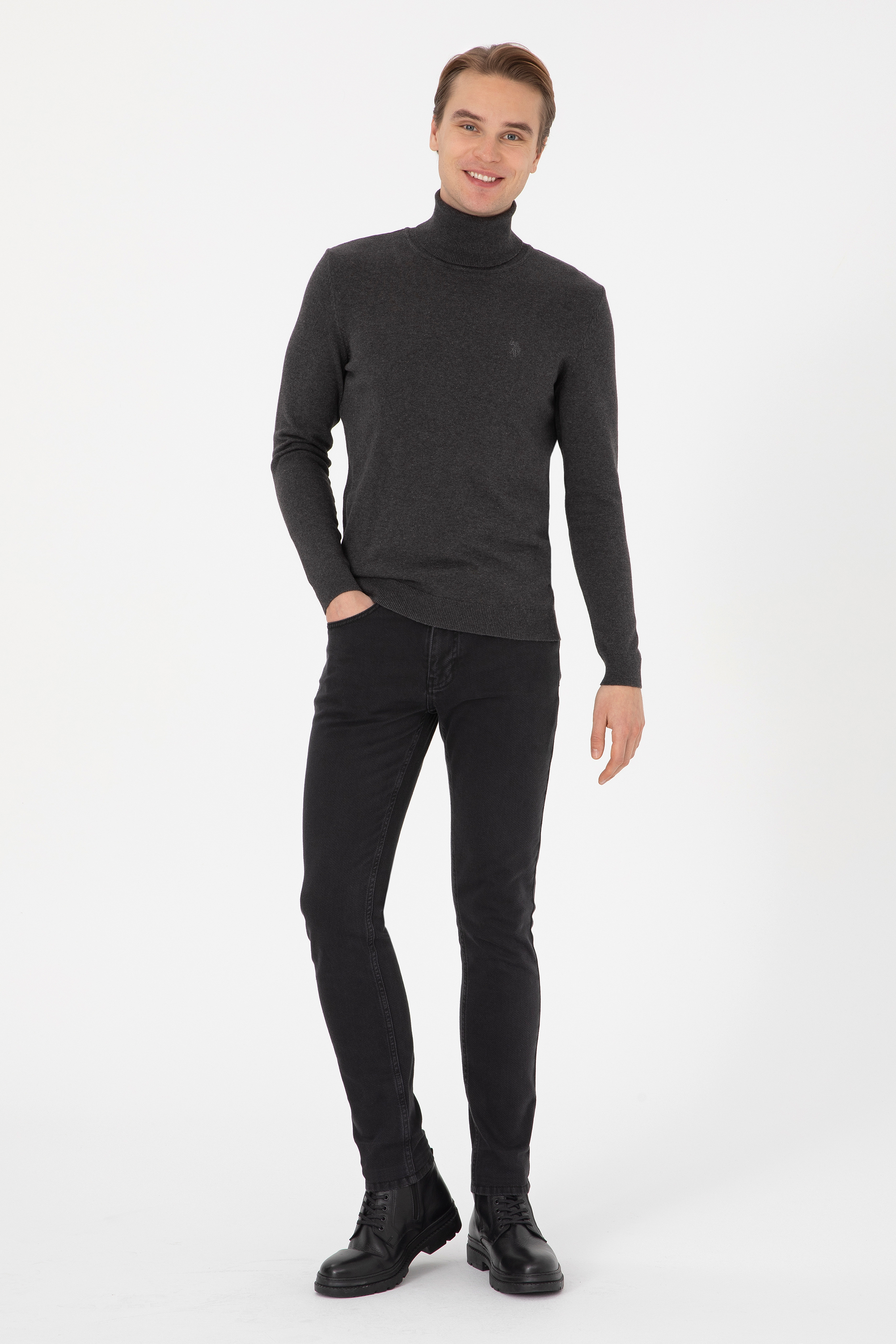 Erkek Slim Fit Boğazlı Antrasit Melanj Basic Kazak - Image 4