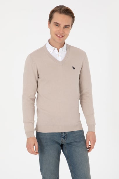 Erkek Slim Fit V Yaka Taş Basic Kazak