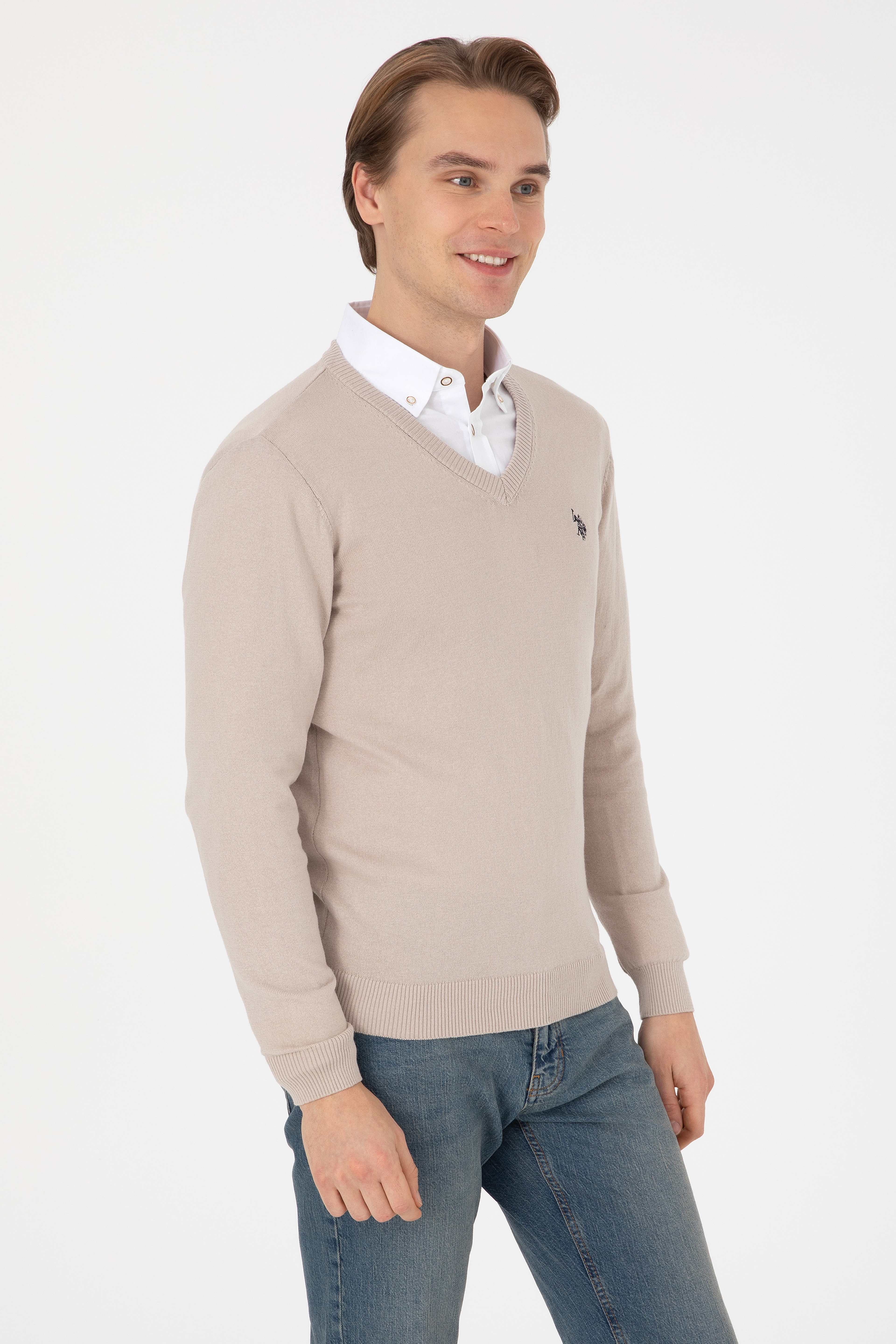 Erkek Slim Fit V Yaka Taş Basic Kazak - Image 3