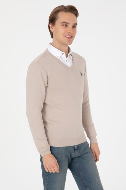 Erkek Slim Fit V Yaka Taş Basic Kazak