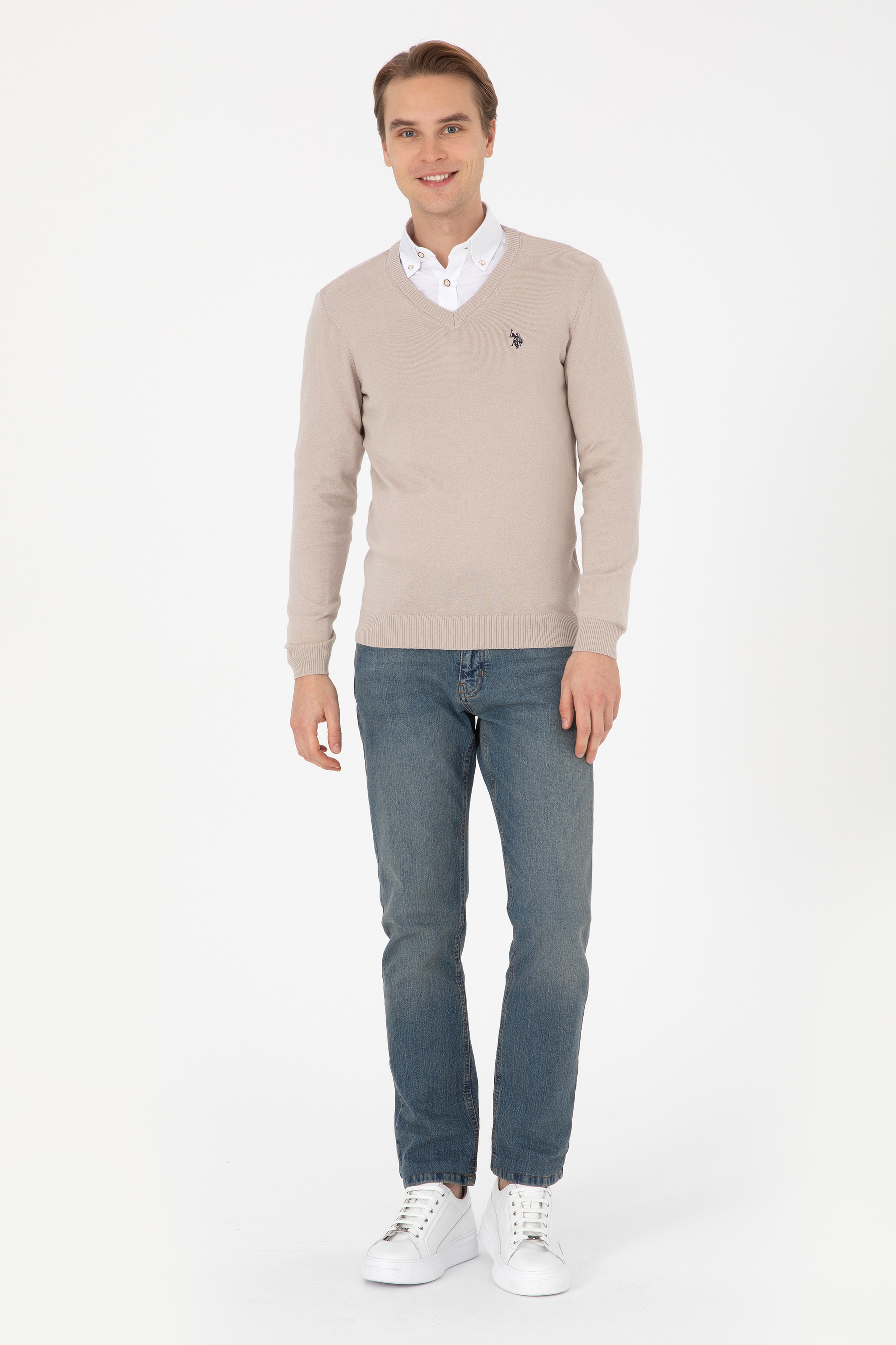 Erkek Slim Fit V Yaka Taş Basic Kazak - Image 4