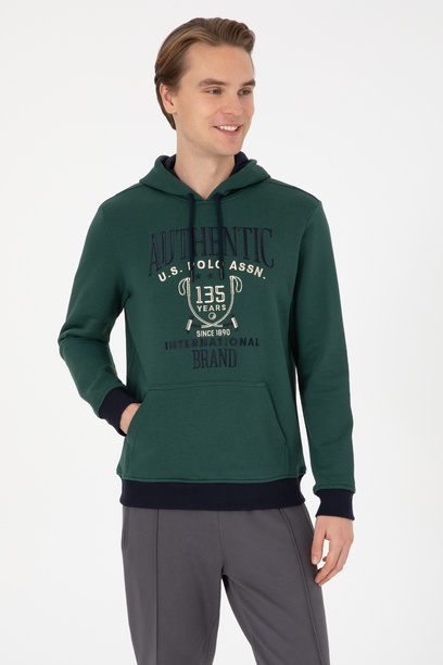 Erkek Regular Fit Kapüşonlu Koyu Yeşil Sweatshirt