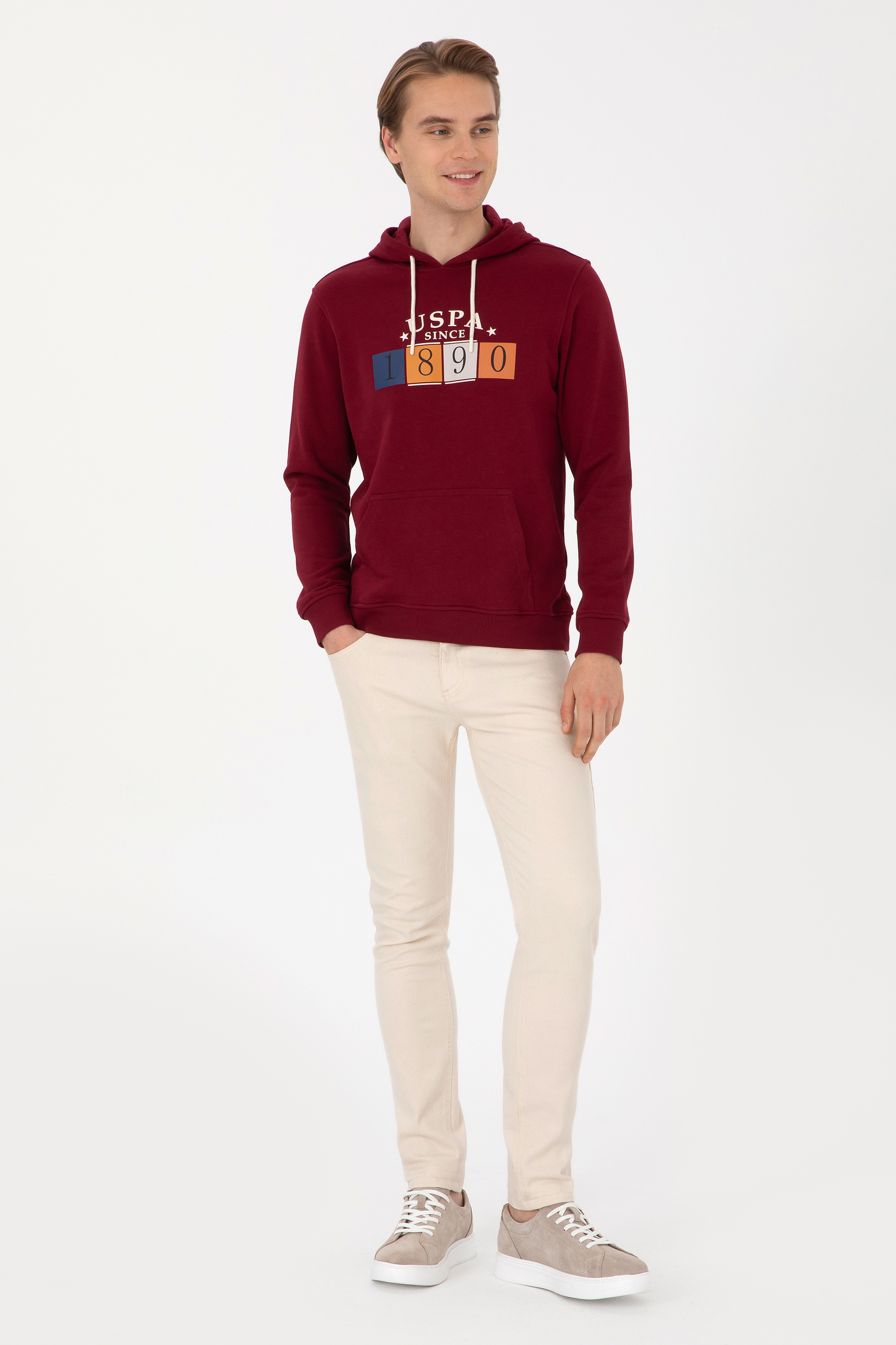 Erkek Regular Fit Kapüşonlu Bordo Sweatshirt - Image 4