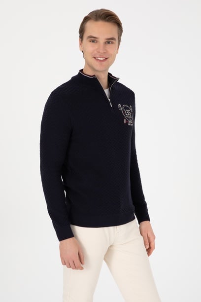 Erkek Slim Fit Yarım Fermuarlı Lacivert Kazak