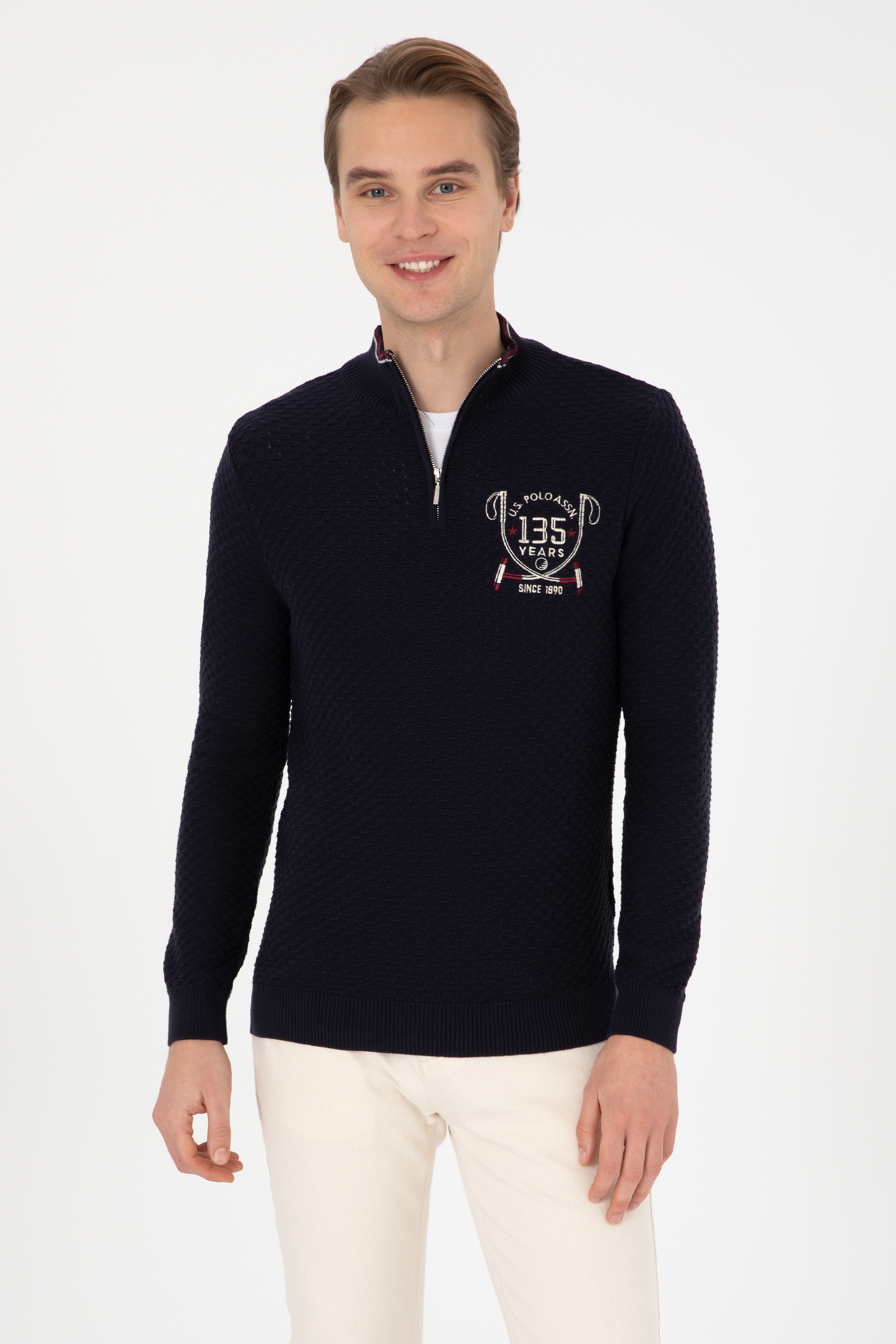 Erkek Slim Fit Yarım Fermuarlı Lacivert Kazak - Image 1