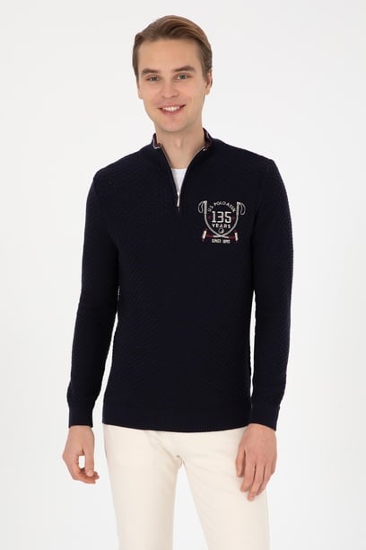 Erkek Slim Fit Yarım Fermuarlı Lacivert Kazak