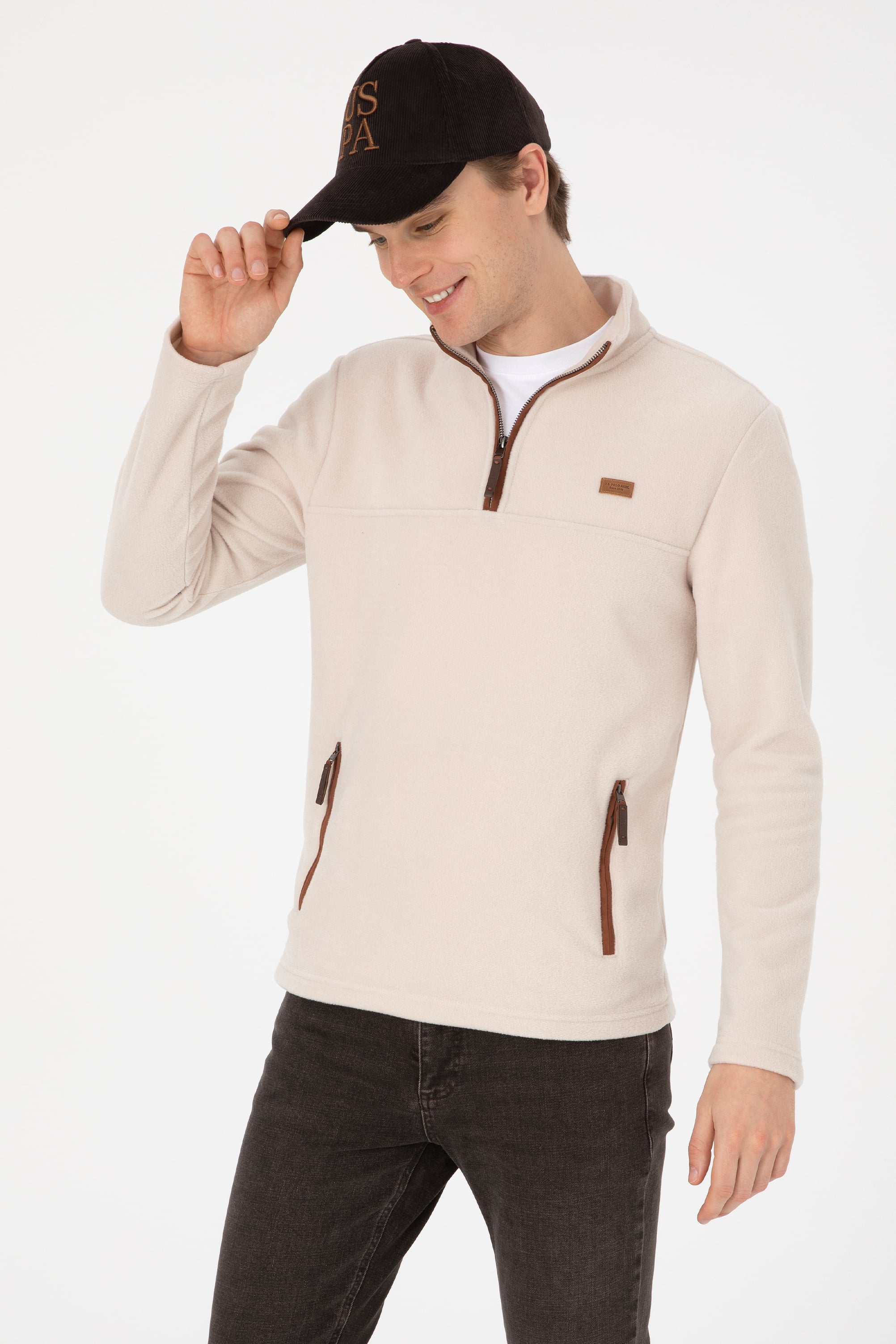 Erkek Regular Fit Yarım Fermuarlı Taş Sweatshirt