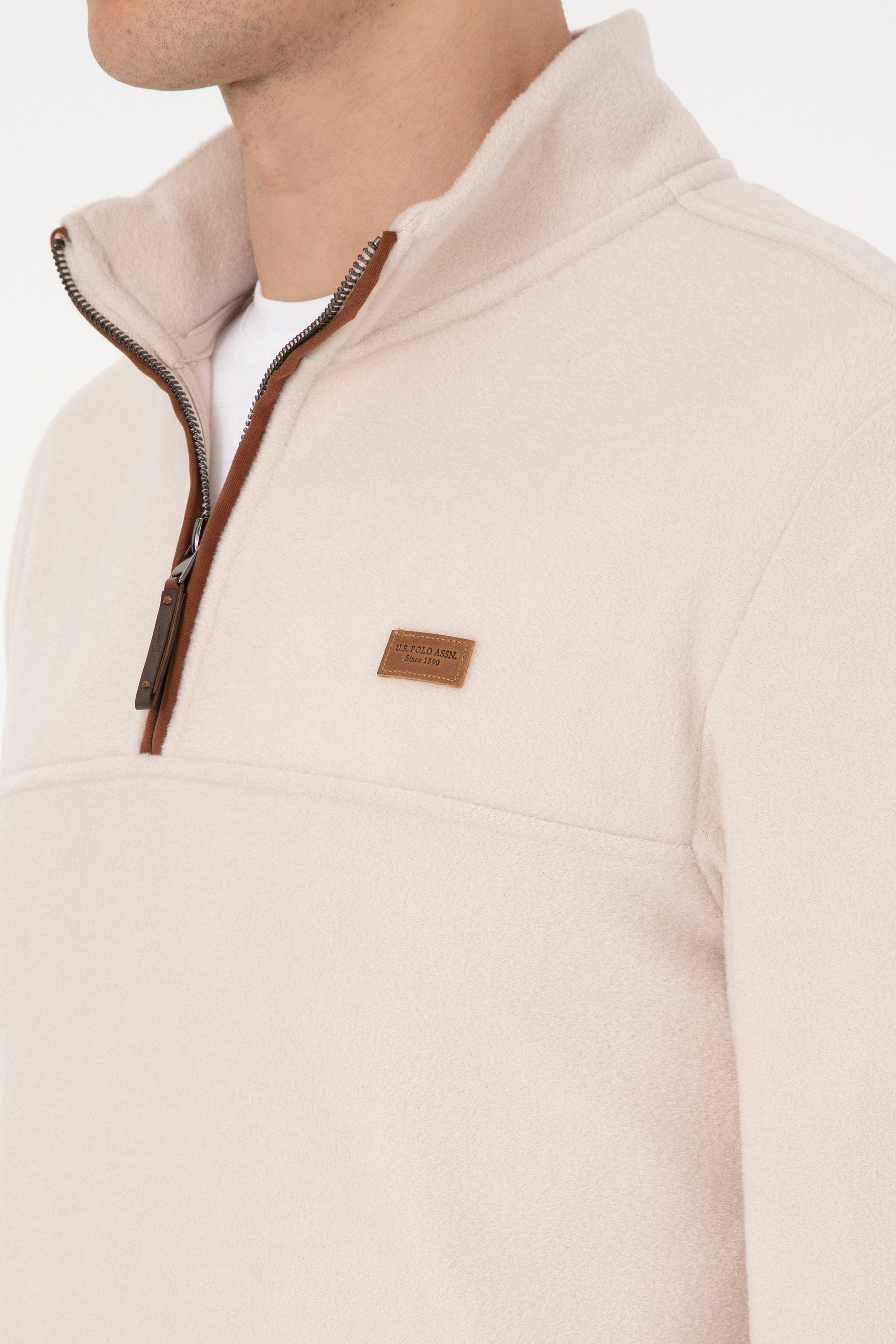 Erkek Regular Fit Yarım Fermuarlı Taş Sweatshirt - Image 7