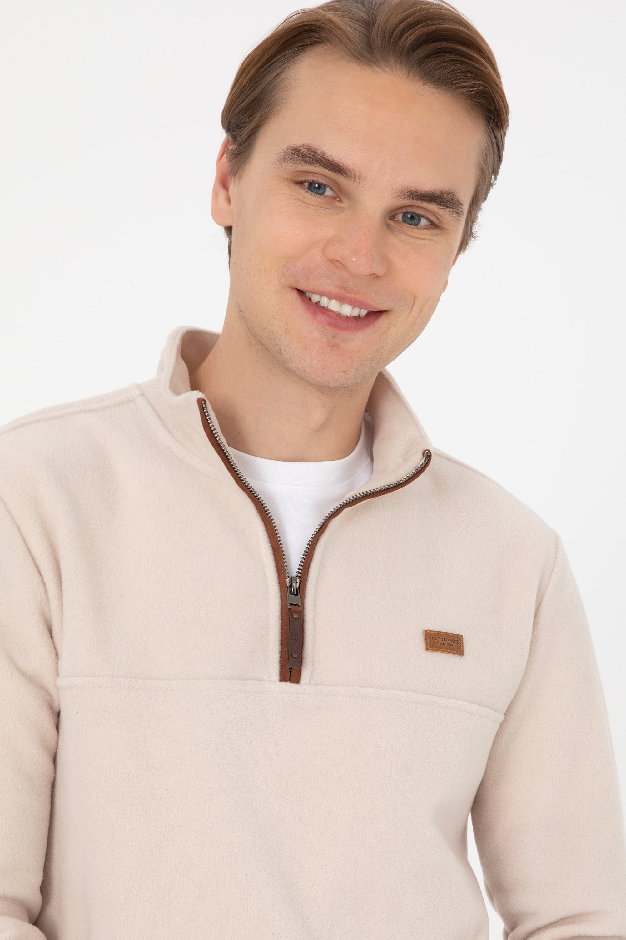 Erkek Regular Fit Yarım Fermuarlı Taş Sweatshirt - Image 2