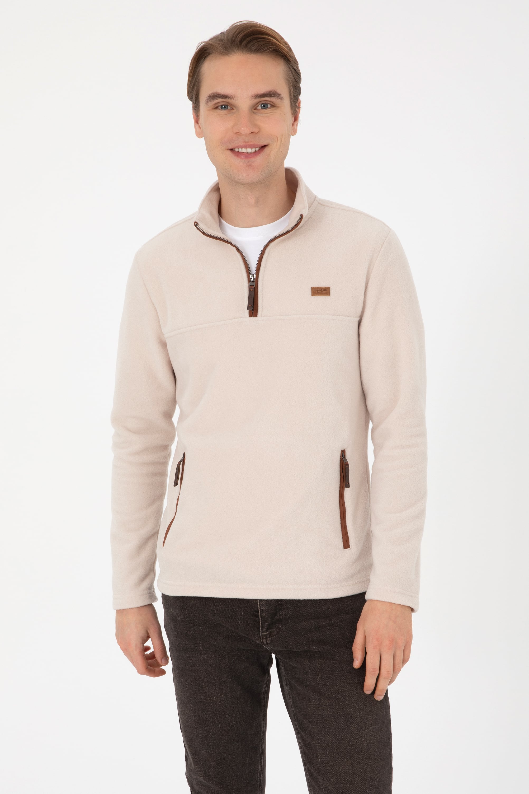 Erkek Regular Fit Yarım Fermuarlı Taş Sweatshirt - Image 1