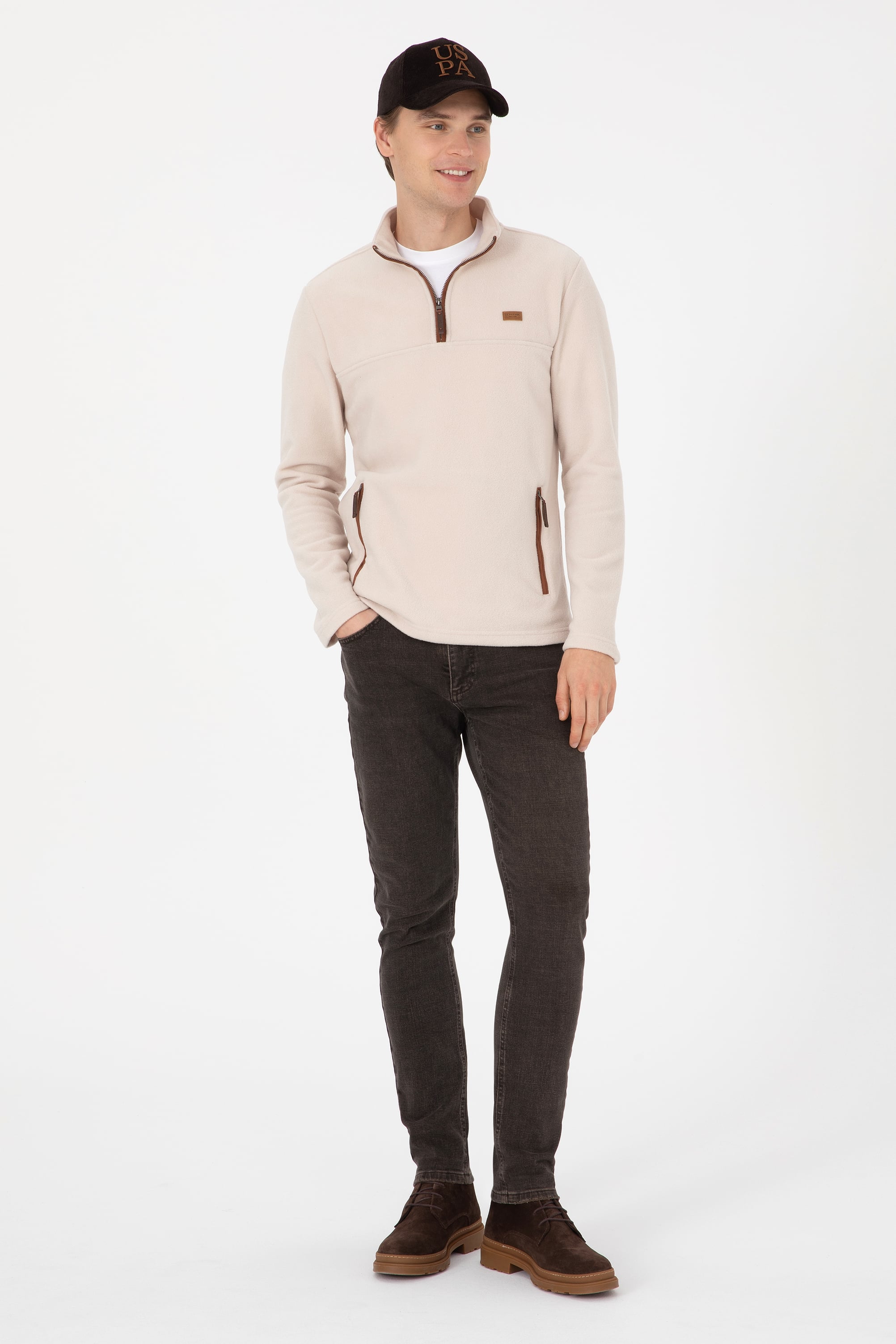 Erkek Regular Fit Yarım Fermuarlı Taş Sweatshirt - Image 4