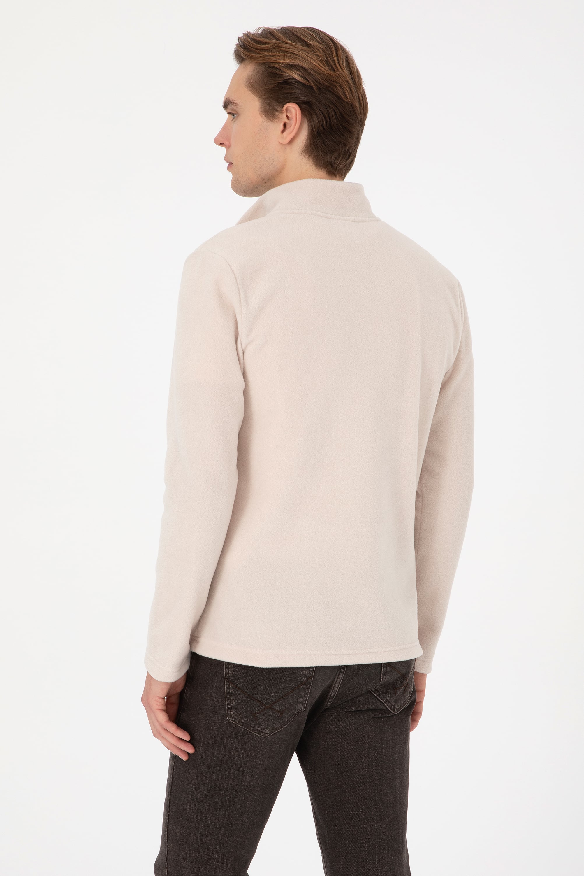 Erkek Regular Fit Yarım Fermuarlı Taş Sweatshirt - Image 5