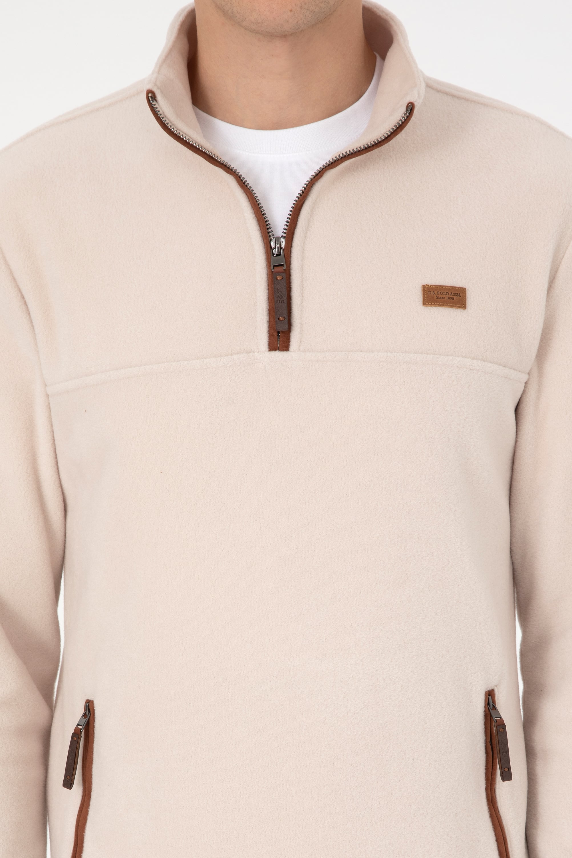 Erkek Regular Fit Yarım Fermuarlı Taş Sweatshirt
