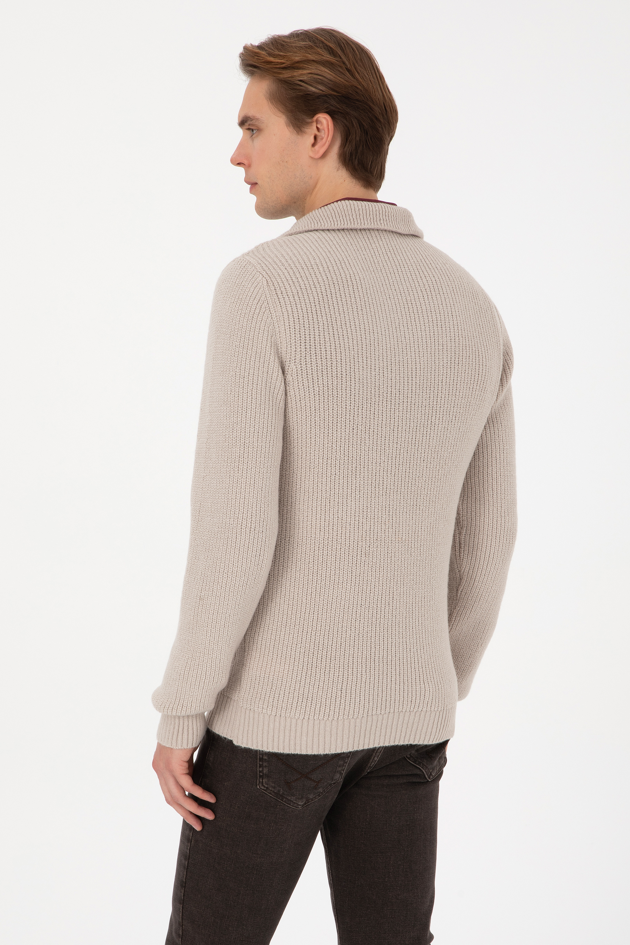 Erkek Regular Fit Yarım Fermuarlı Taş Kazak - Image 5