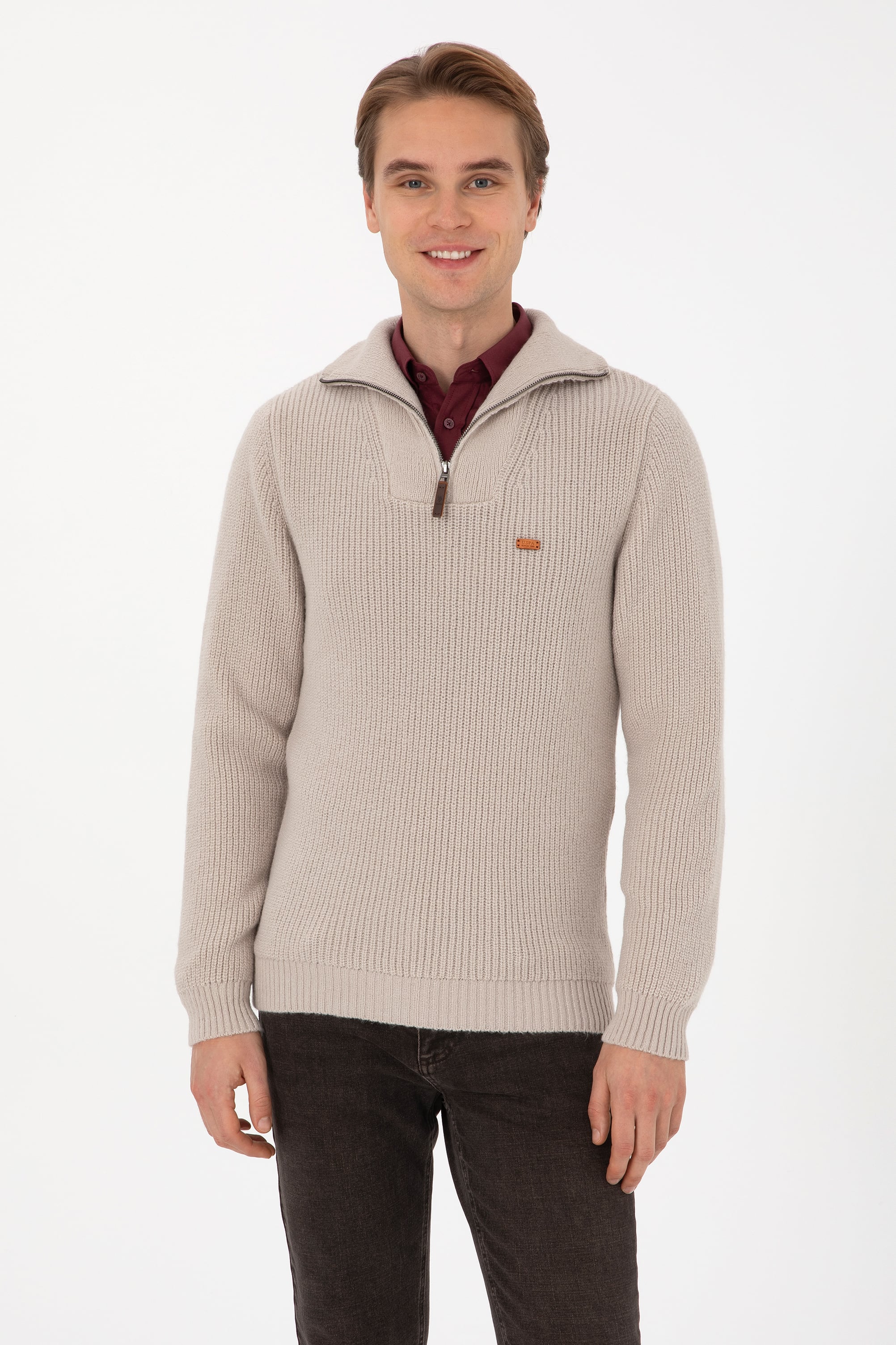 Erkek Regular Fit Yarım Fermuarlı Taş Kazak - Image 1