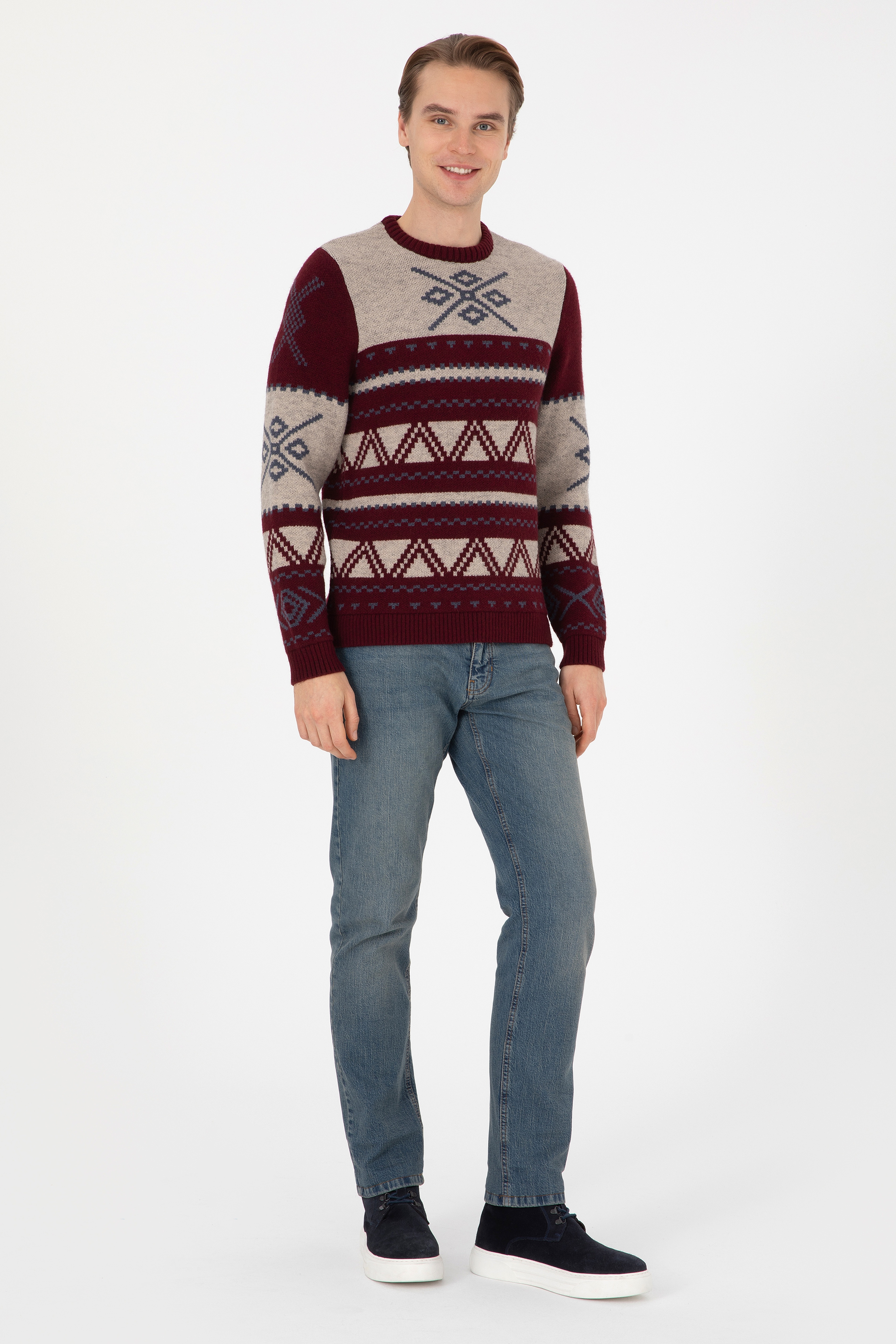 Erkek Comfort Fit Bisiklet Yaka Bordo Kazak - Image 4