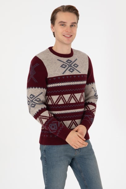 Erkek Comfort Fit Bisiklet Yaka Bordo Kazak