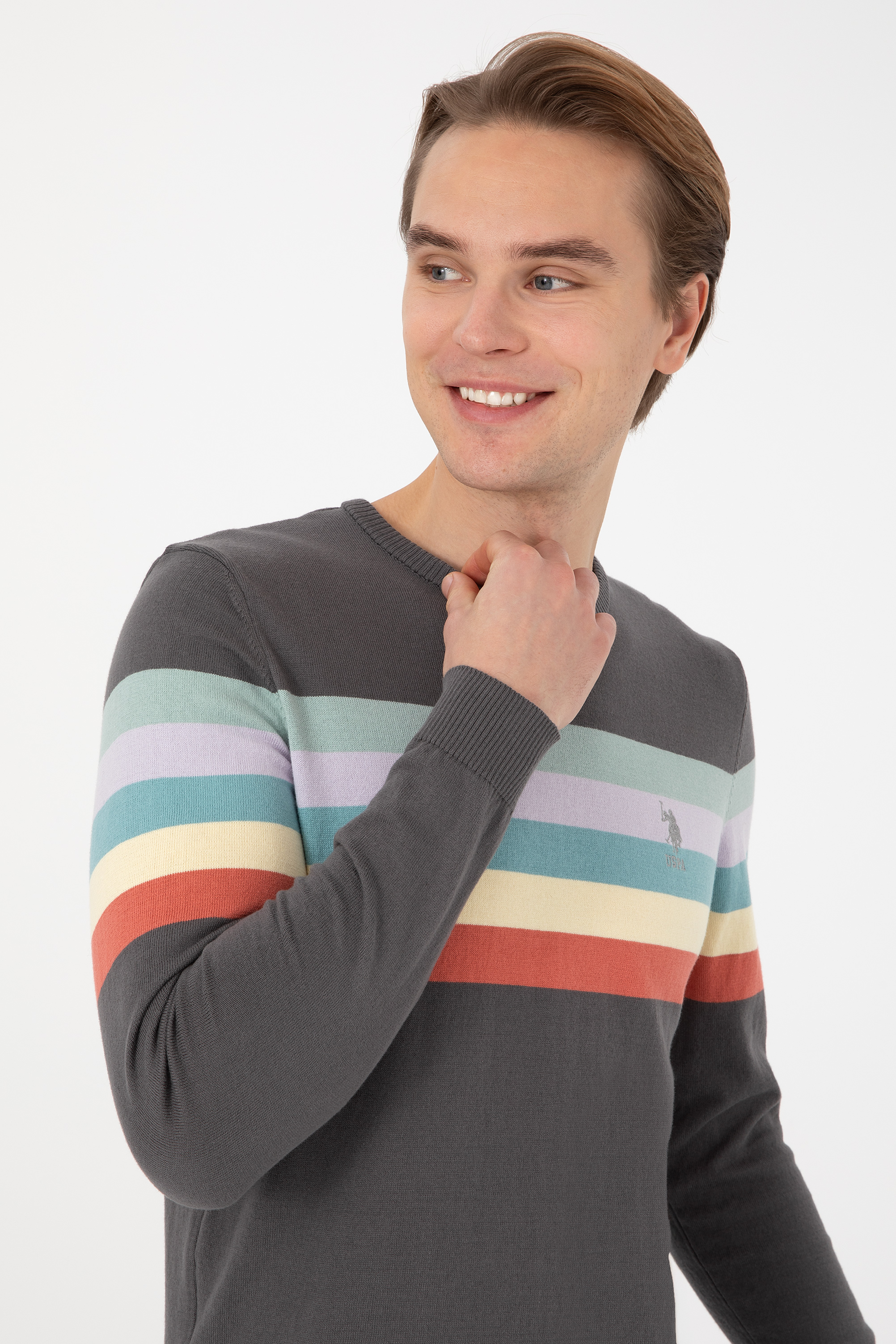 Erkek Regular Fit Bisiklet Yaka Gri Kazak - Image 2