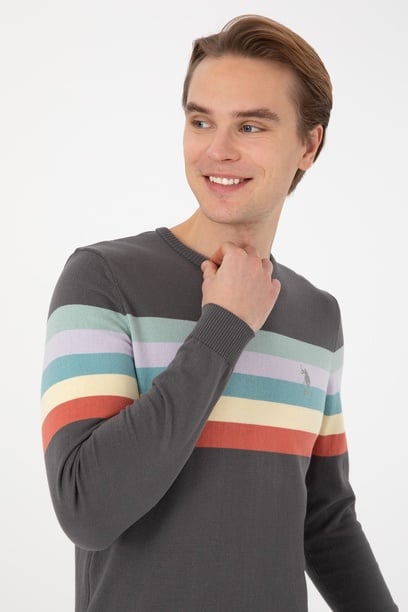 Erkek Regular Fit Bisiklet Yaka Gri Kazak
