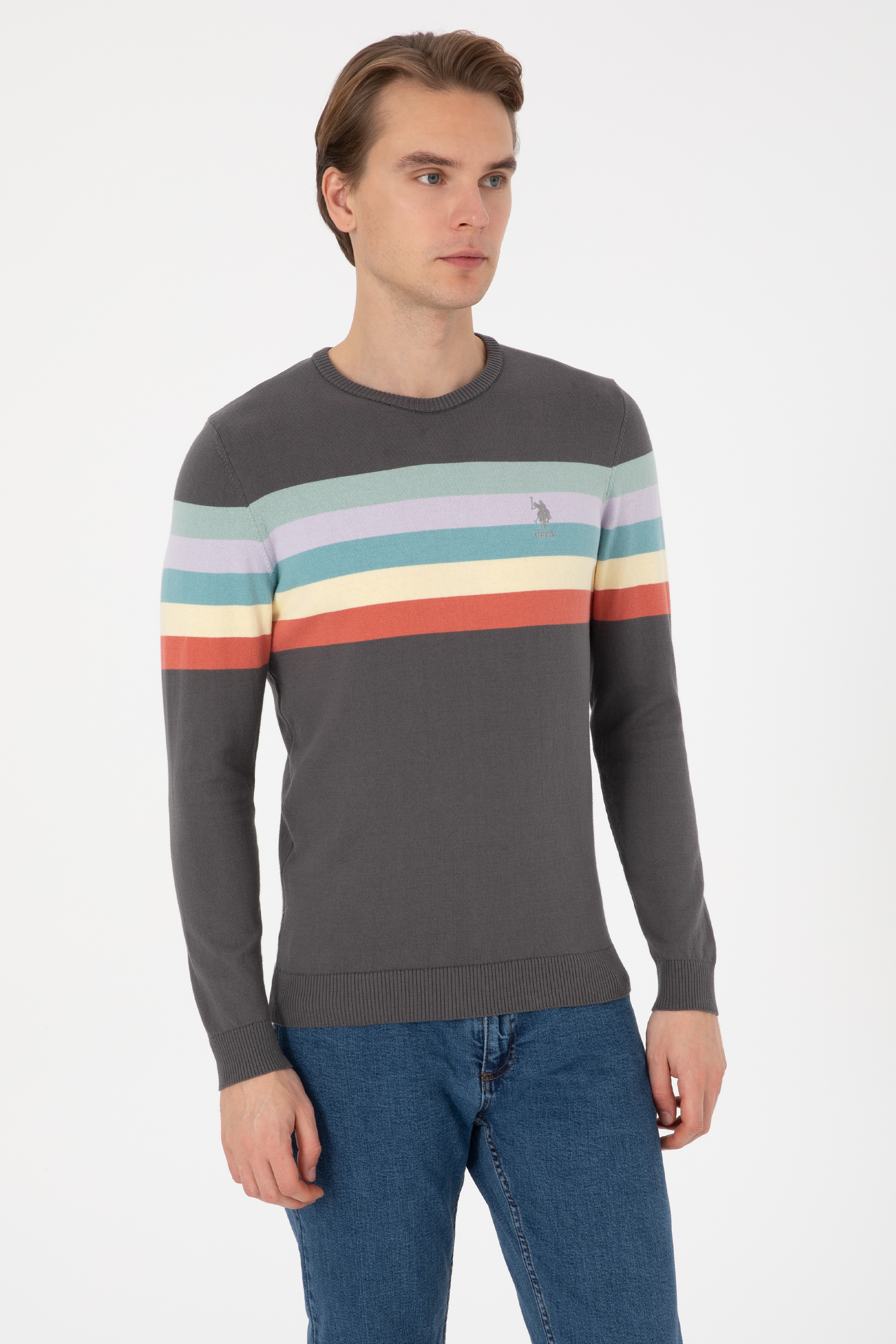 Erkek Regular Fit Bisiklet Yaka Gri Kazak - Image 3