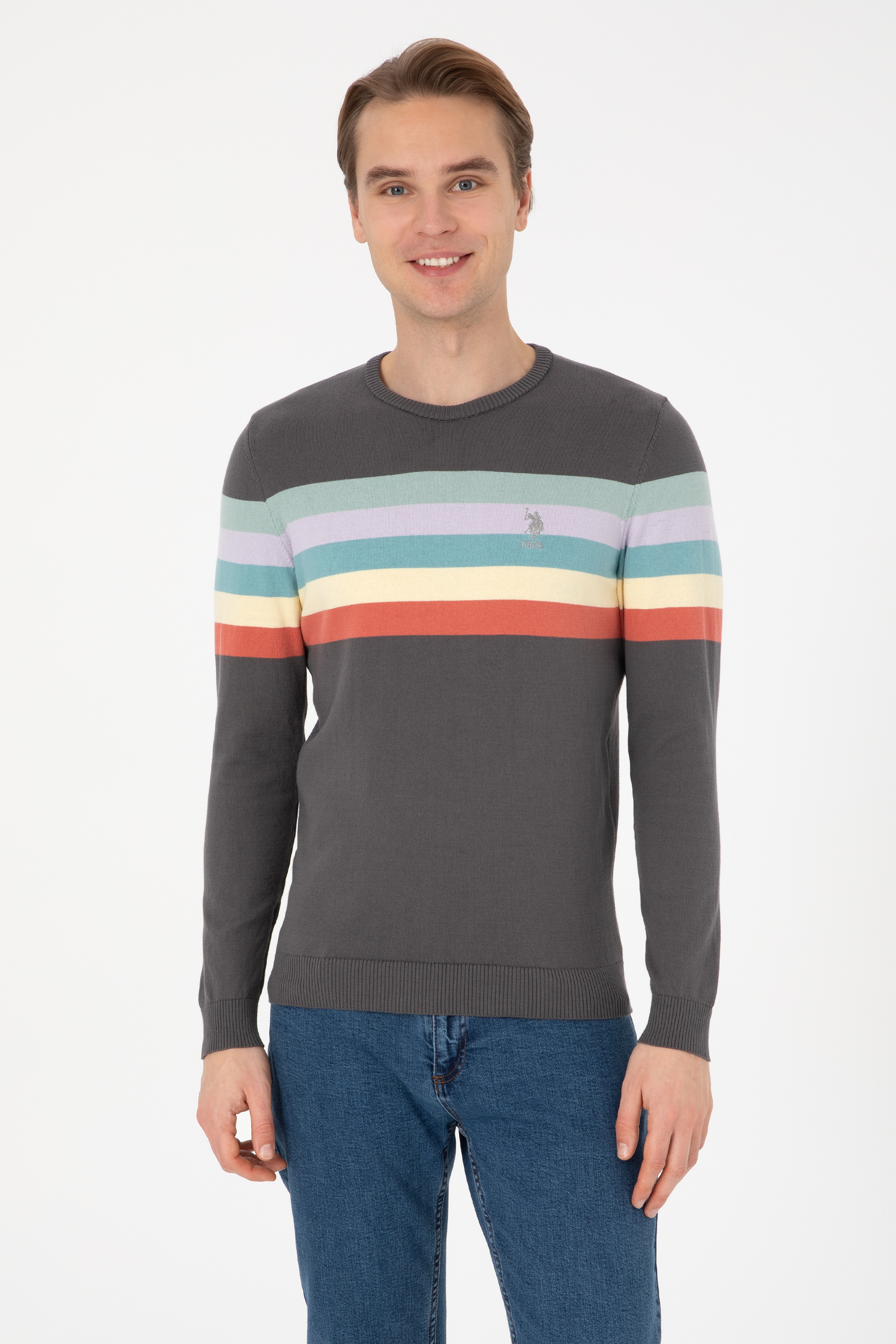 Erkek Regular Fit Bisiklet Yaka Gri Kazak