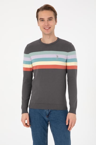 Erkek Regular Fit Bisiklet Yaka Gri Kazak