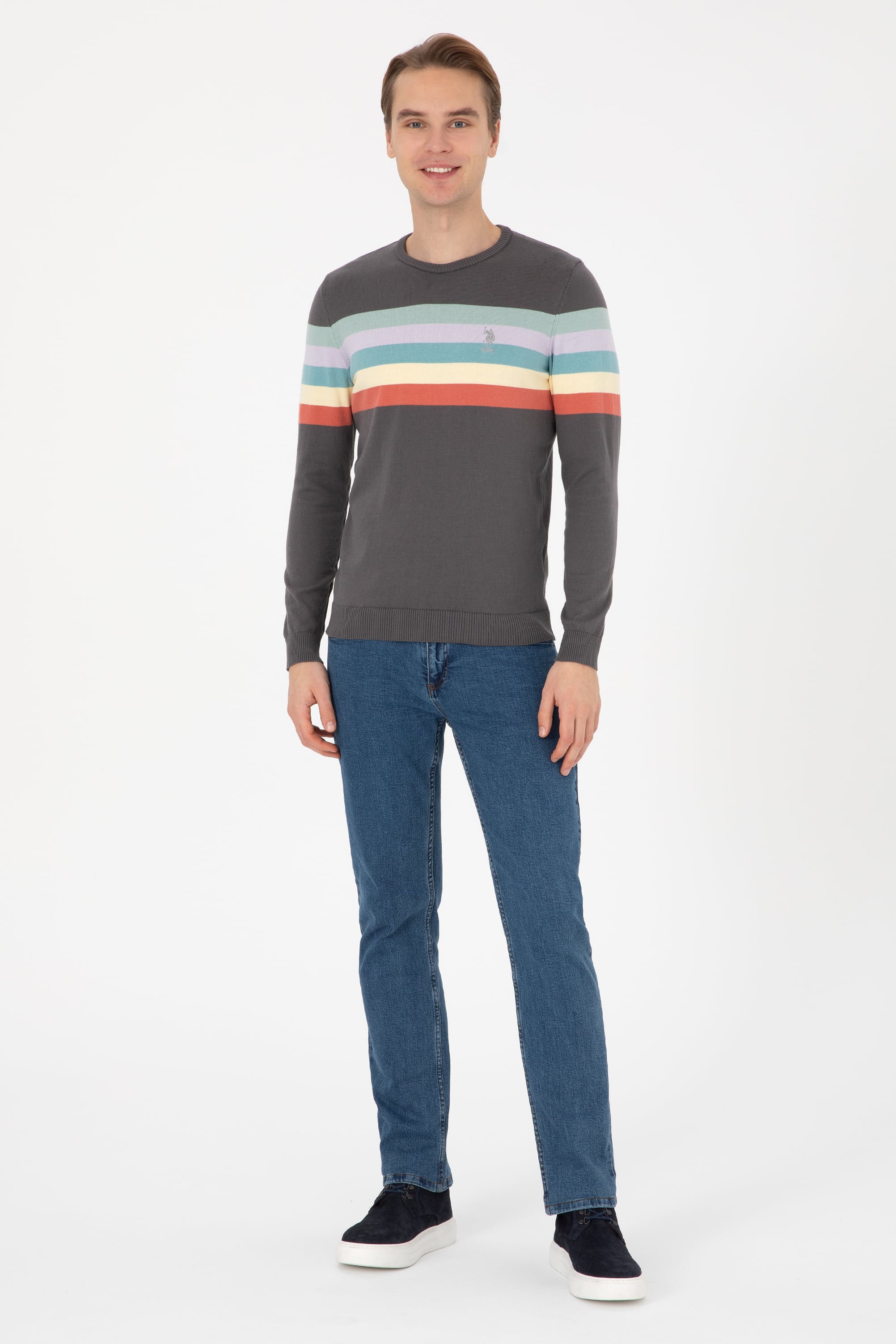 Erkek Regular Fit Bisiklet Yaka Gri Kazak