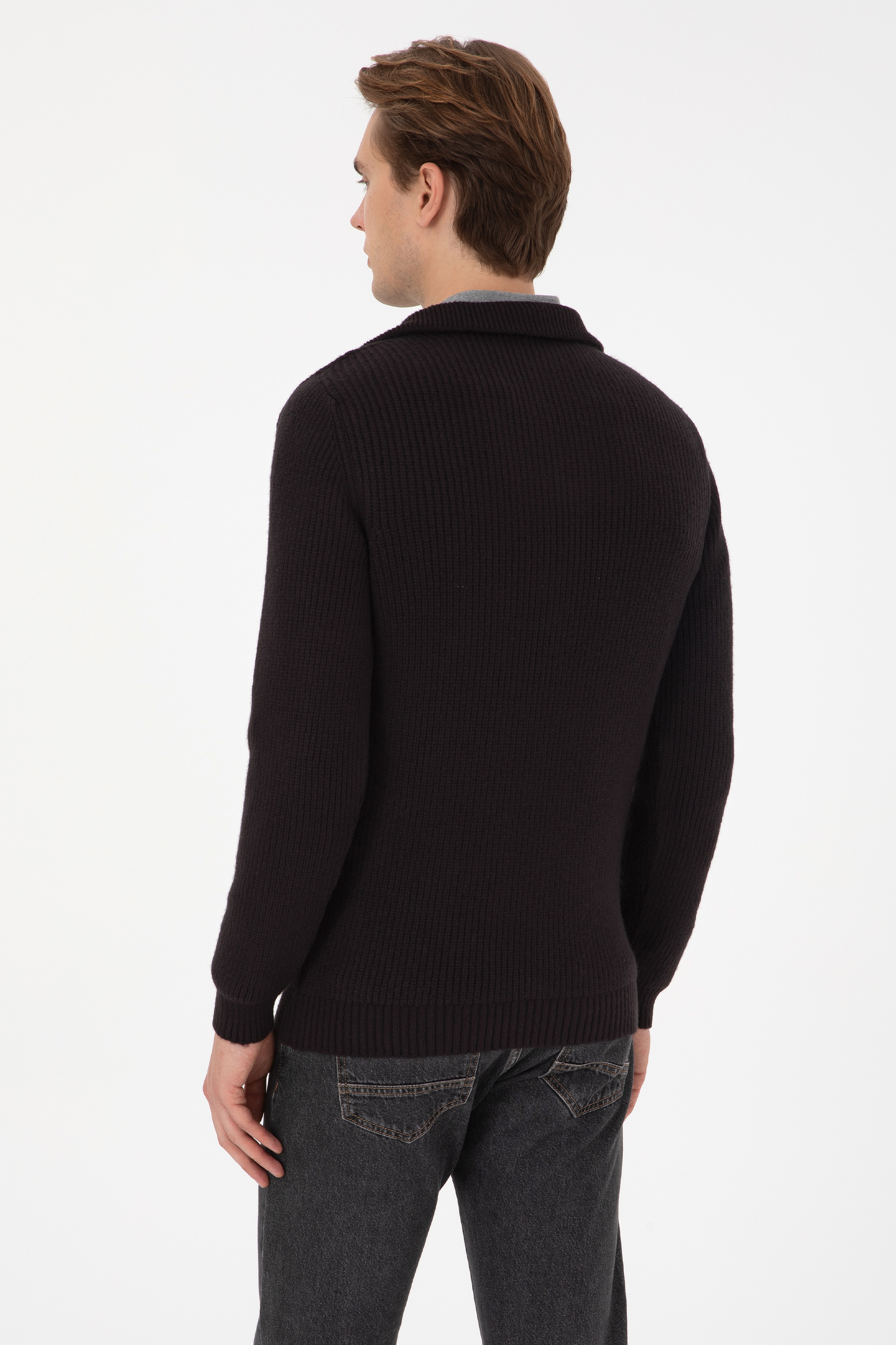 Erkek Regular Fit Yarım Fermuarlı Siyah Kazak - Image 5