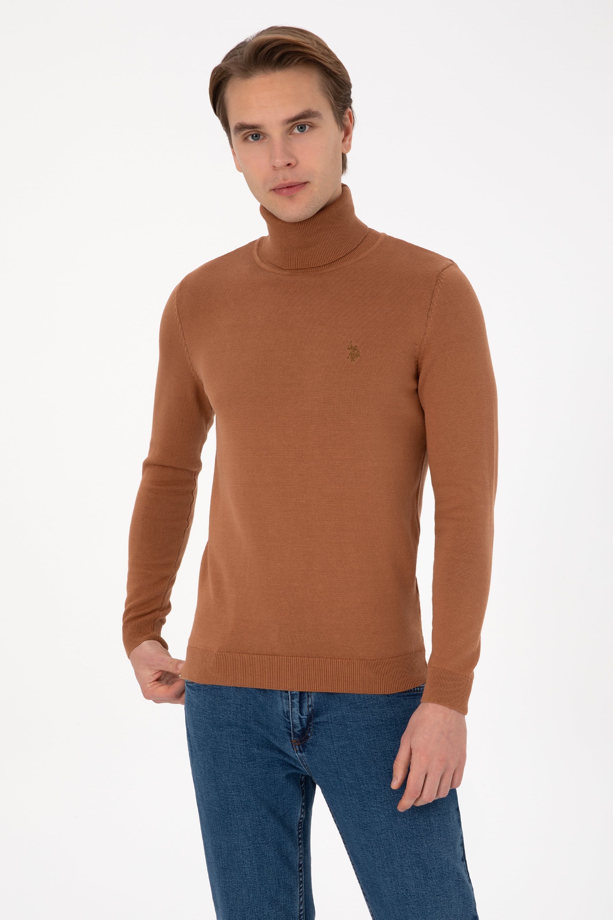 Erkek Slim Fit Boğazlı Camel Basic Kazak - Image 3